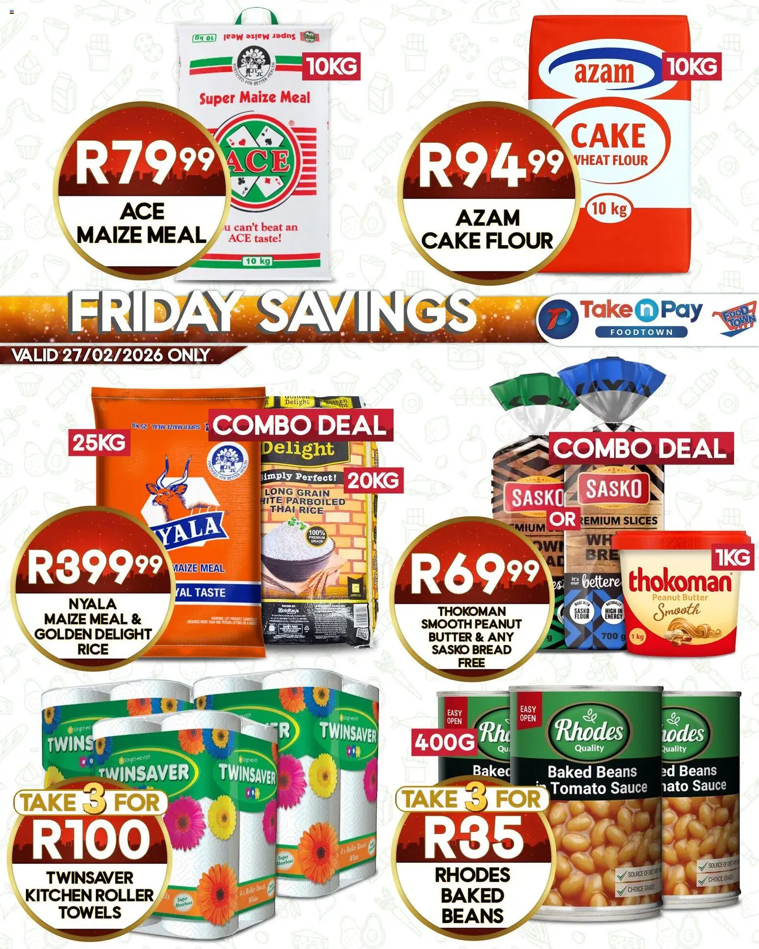 New Take n Pay catalogue – valid from 27.02.2026 | Page: 3 | Products: Beans, Butter, Tomato sauce, Sauce