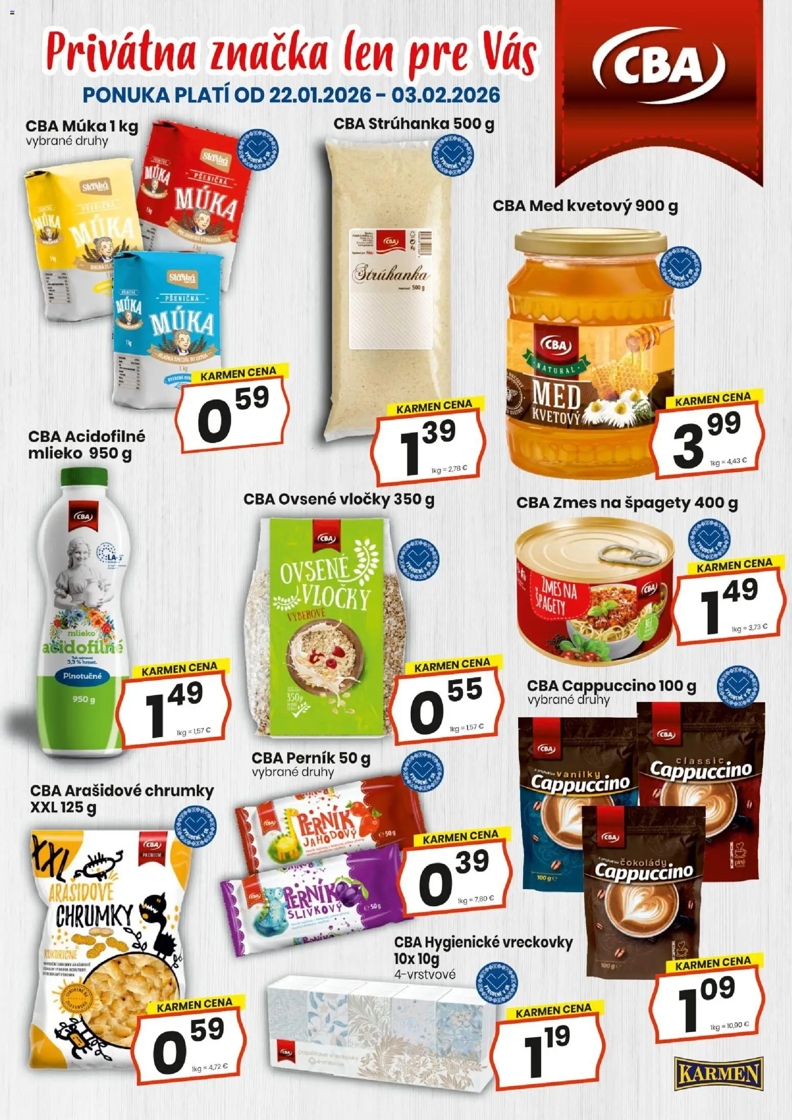 Nové KARMEN CBA akcie – leták je platný od 22.01.2026 | Strana: 3 | Produkty: Mlieko, Pšeničná múka, Vločky, Špagety