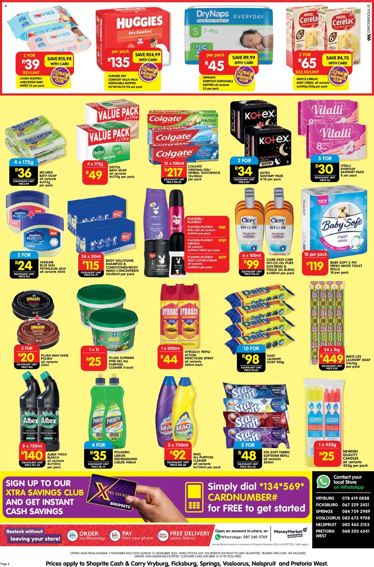 New Shoprite catalogue – valid from 03.11.2025 | Page: 4 | Products: Toilet, Pads, Petroleum jelly, Nappies