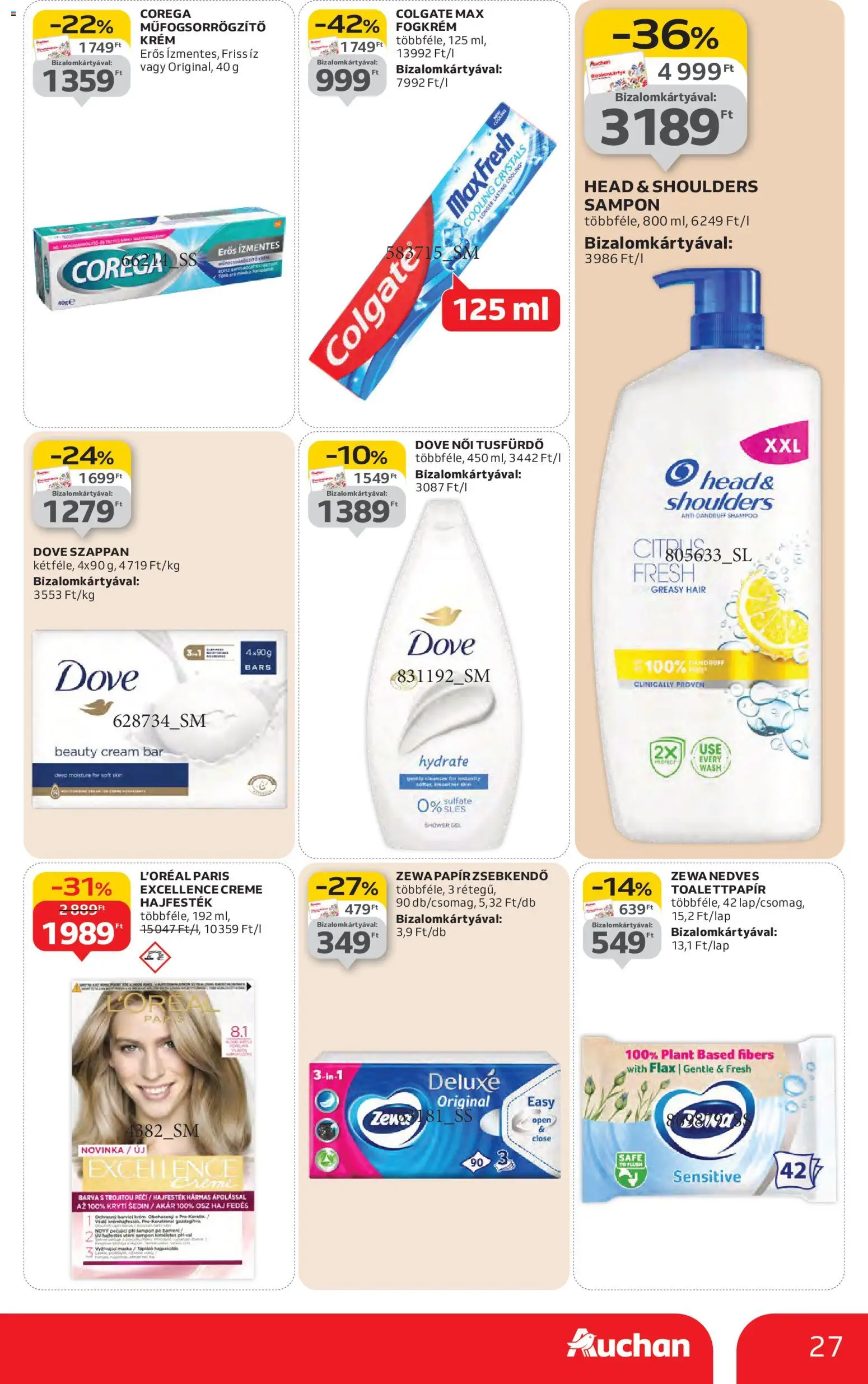 Auchan akciós ujság - amely érvényes a következő dátumtól: 29.01.2026 | Oldal: 27 | Termékek: Hajfesték, Papírzsebkendő, Tusfürdő, Fogkrém