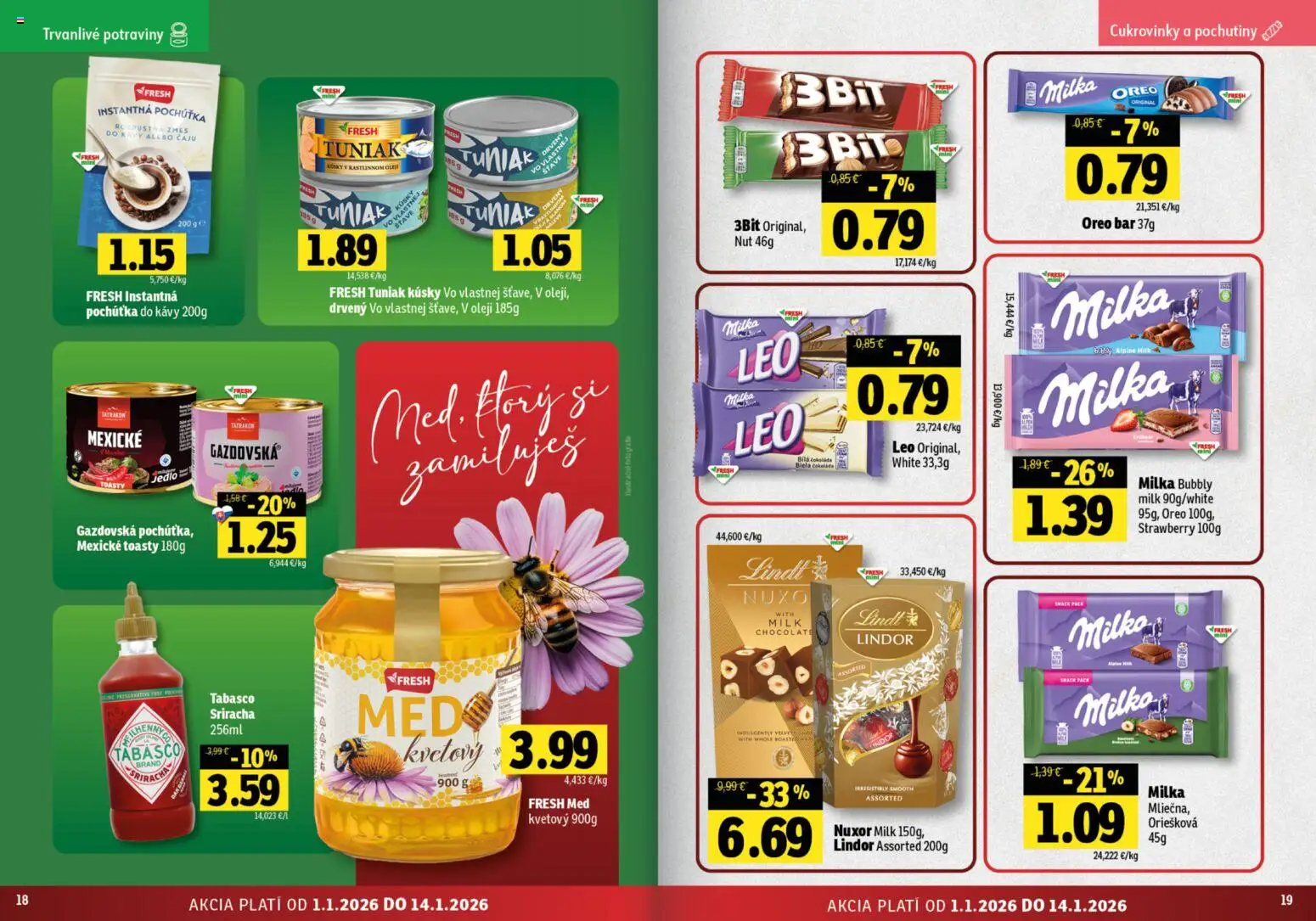 Nové Fresh akcie – leták je platný od 01.01.2026 | Strana: 10 | Produkty: Tuniak, Lindt, Milka, Med