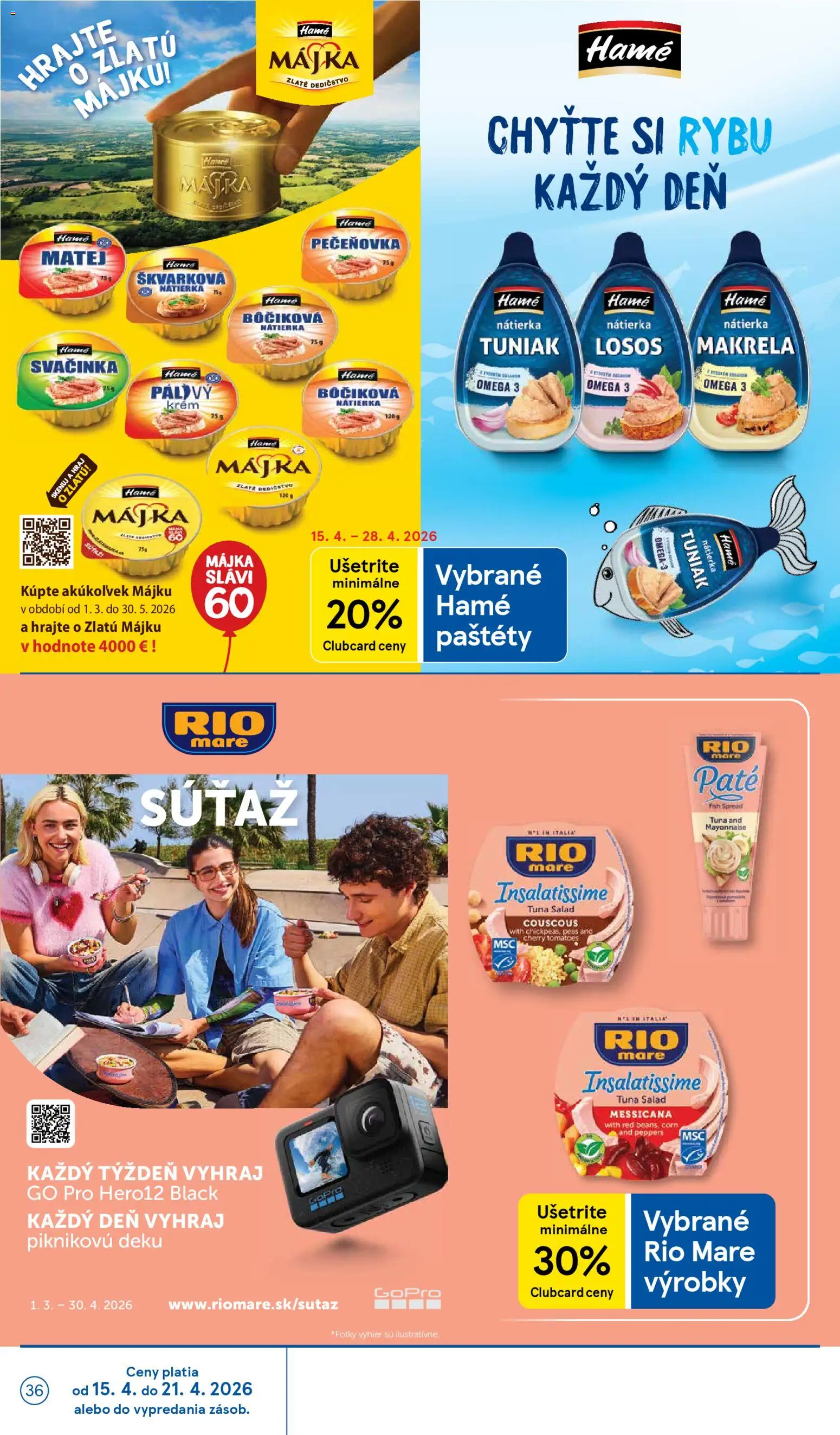 Nové Tesco akcie – leták je platný od 15.04.2026 | Strana: 36 | Produkty: Tuniak, Rio Mare, Losos, Krém