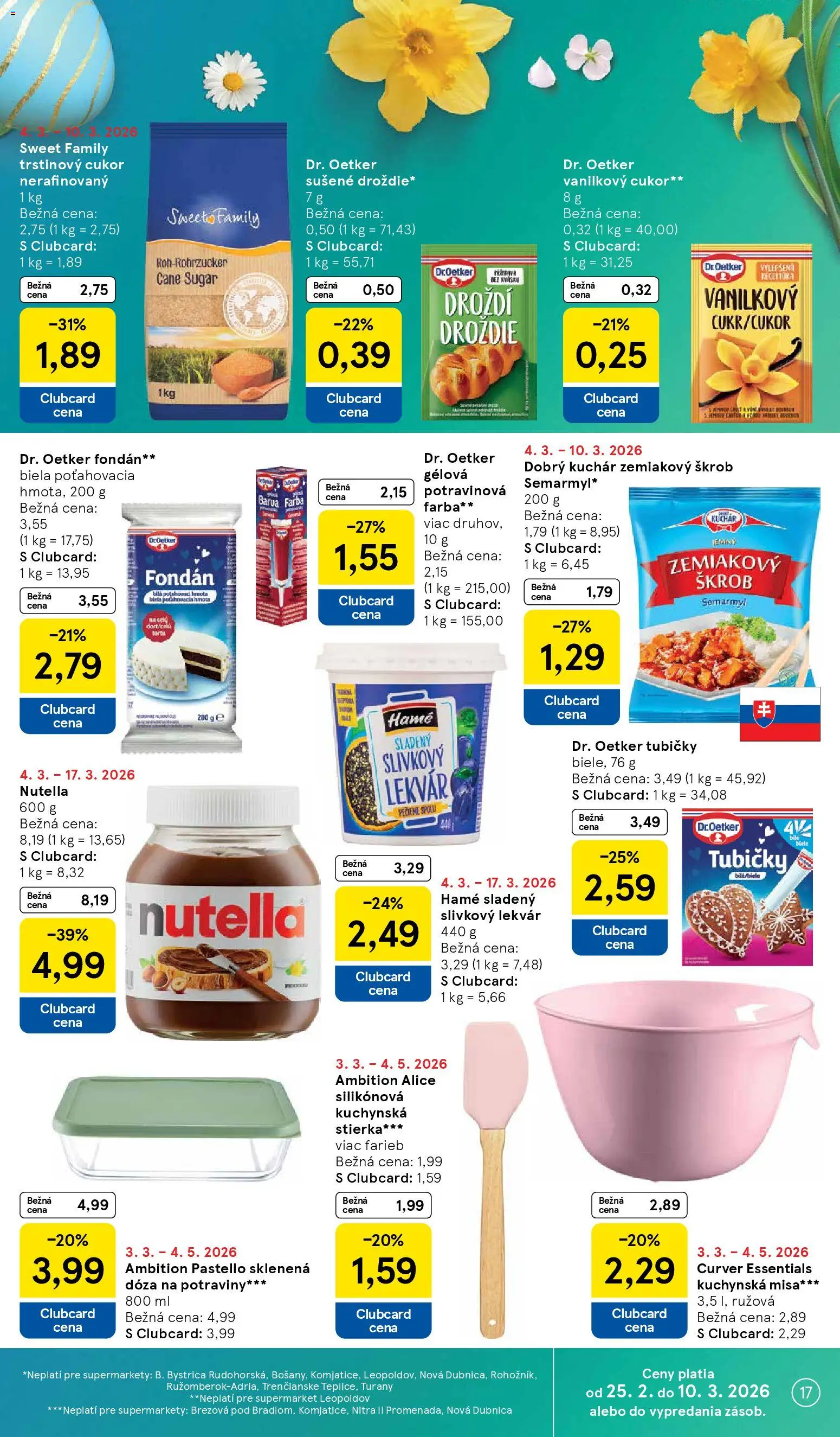 Nové Tesco akcie – leták je platný od 04.03.2026 | Strana: 17 | Produkty: Vanilkový cukor, Cukor, Trstinový cukor, Nutella