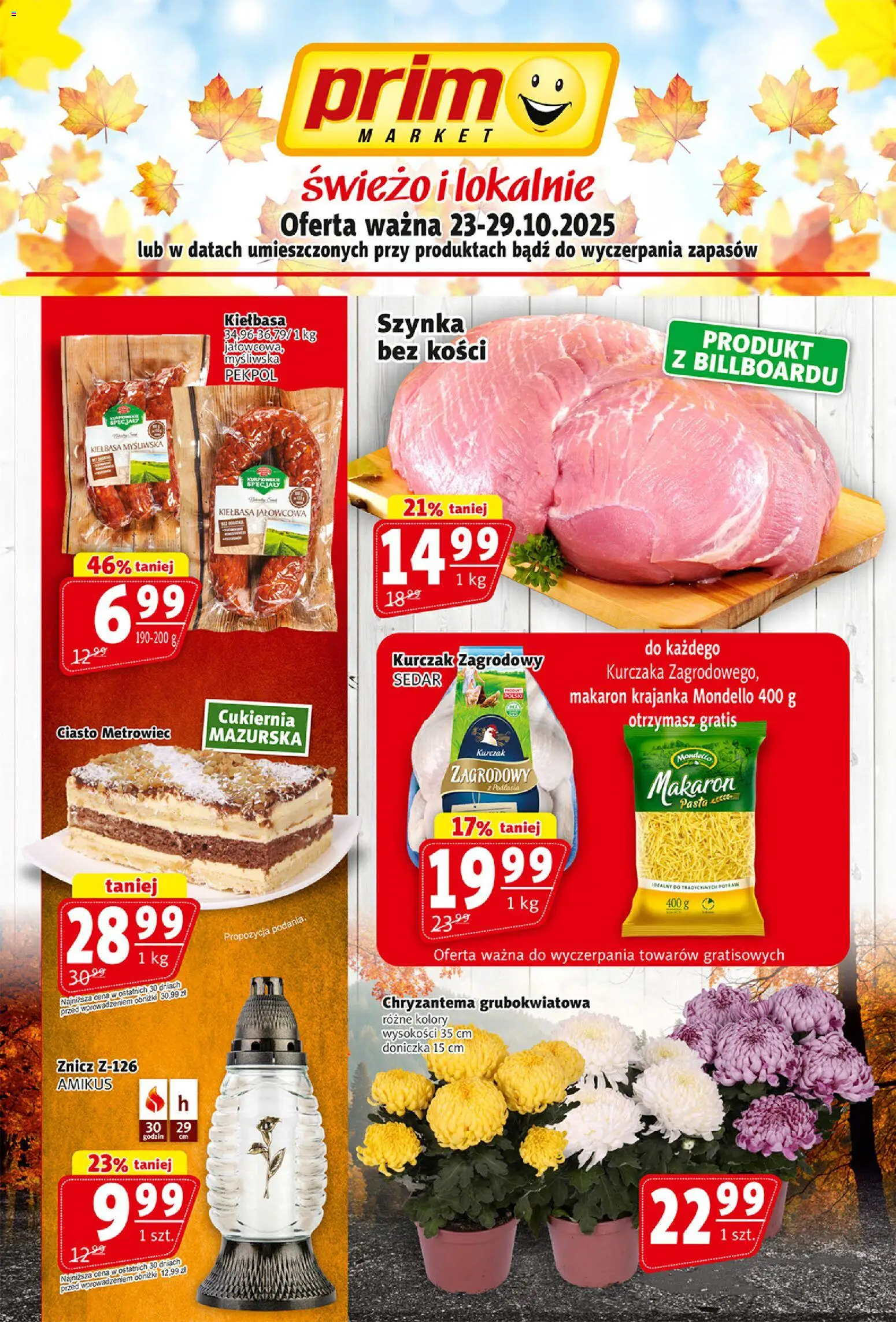 Prim Market Gazetka od 23.10.2025 | Strona: 1 | Produkty: Kiełbasa, Myśliwska, Kurczak zagrodowy, Doniczka