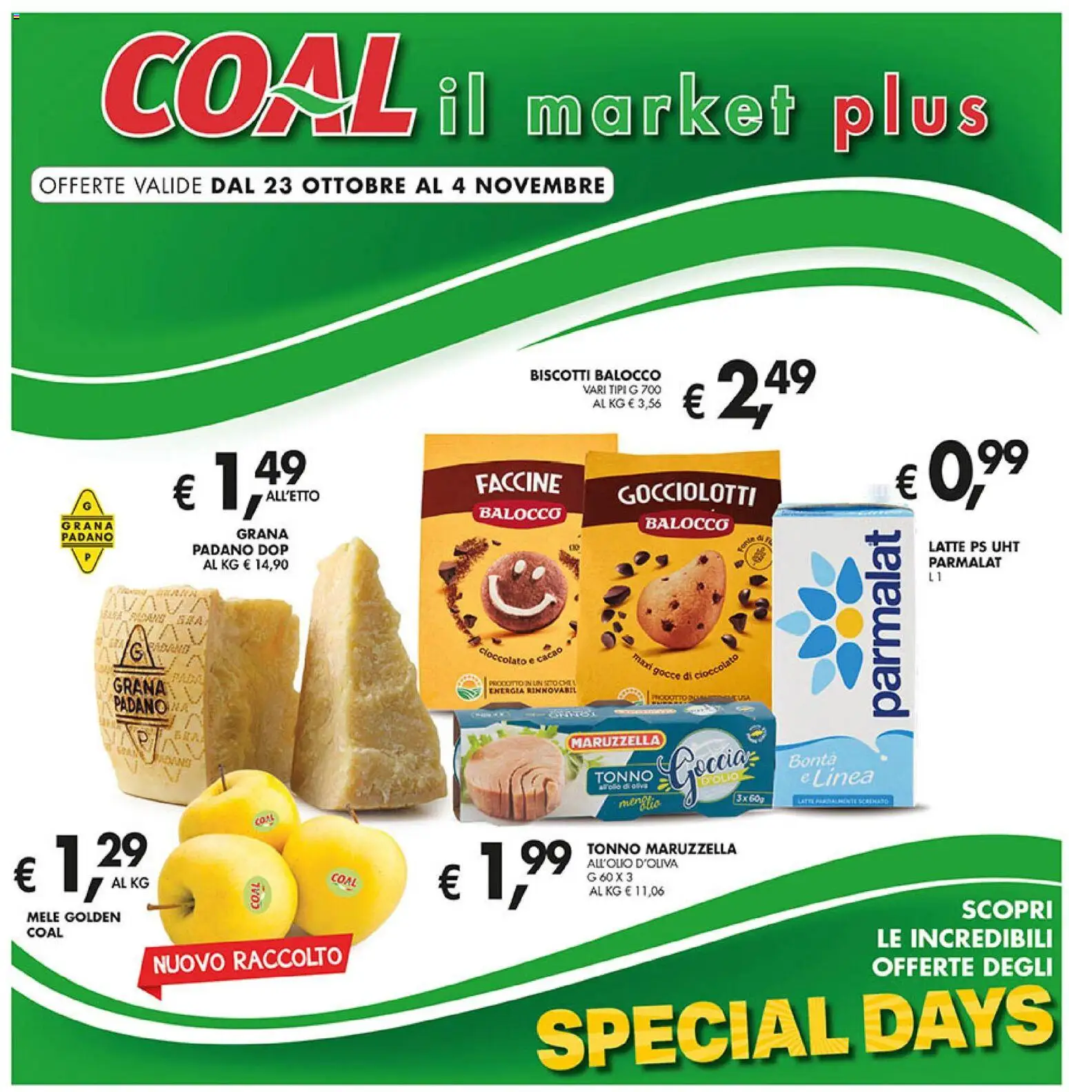 Volantino Coal del 23.10.2025 | Pagina: 1 | Prodotti: Mele, Biscotti, Grana Padano, Cacao