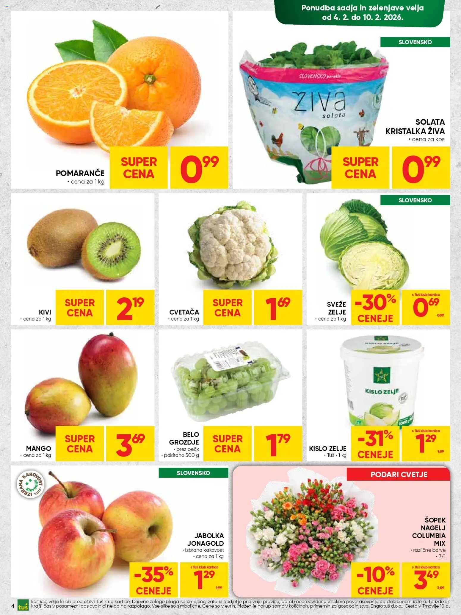 Novi Tuš katalog ponudbe – veljaven od 04.02.2026 | Stran: 4 | Izdelki: Kos, Jabolka, Solata, Mango