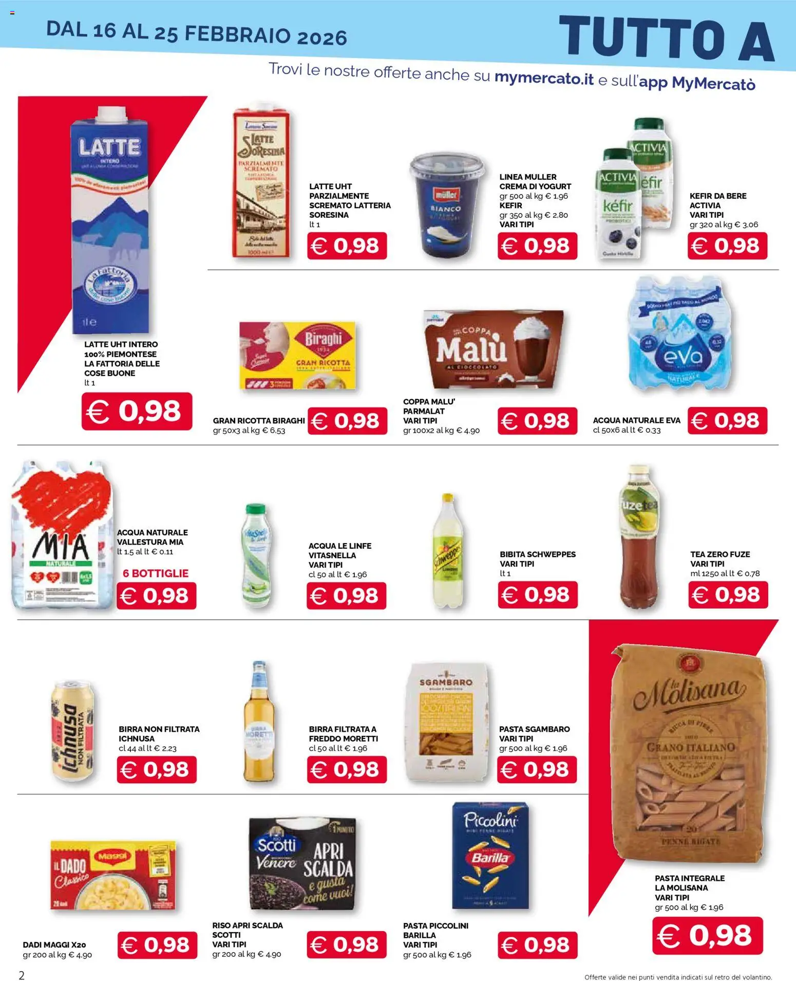 Volantino Mercatò del 16.02.2026 | Pagina: 2 | Prodotti: Crema, Latte, Acqua naturale, Ricotta