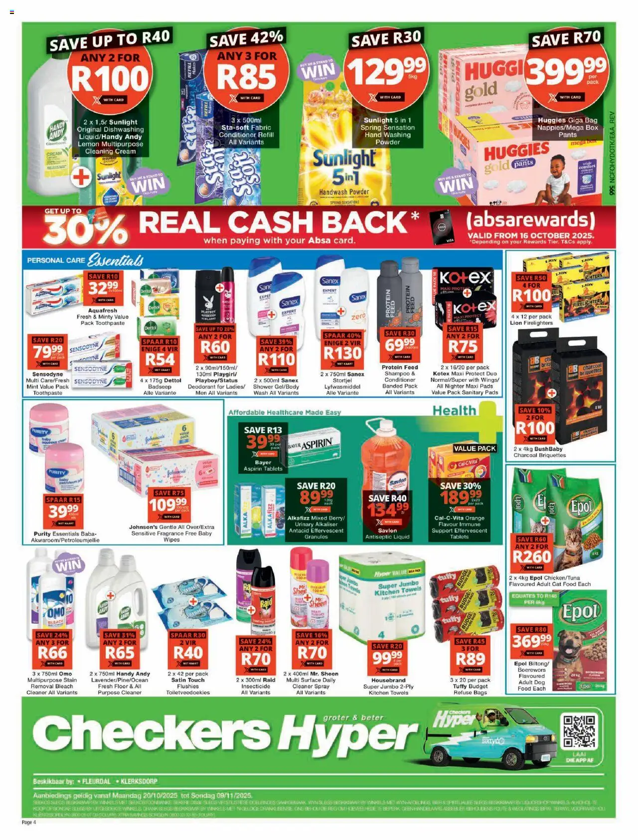 New Checkers catalogue – valid from 19.10.2025 | Page: 4 | Products: Handwash, Bleach, Powder, Refuse bags