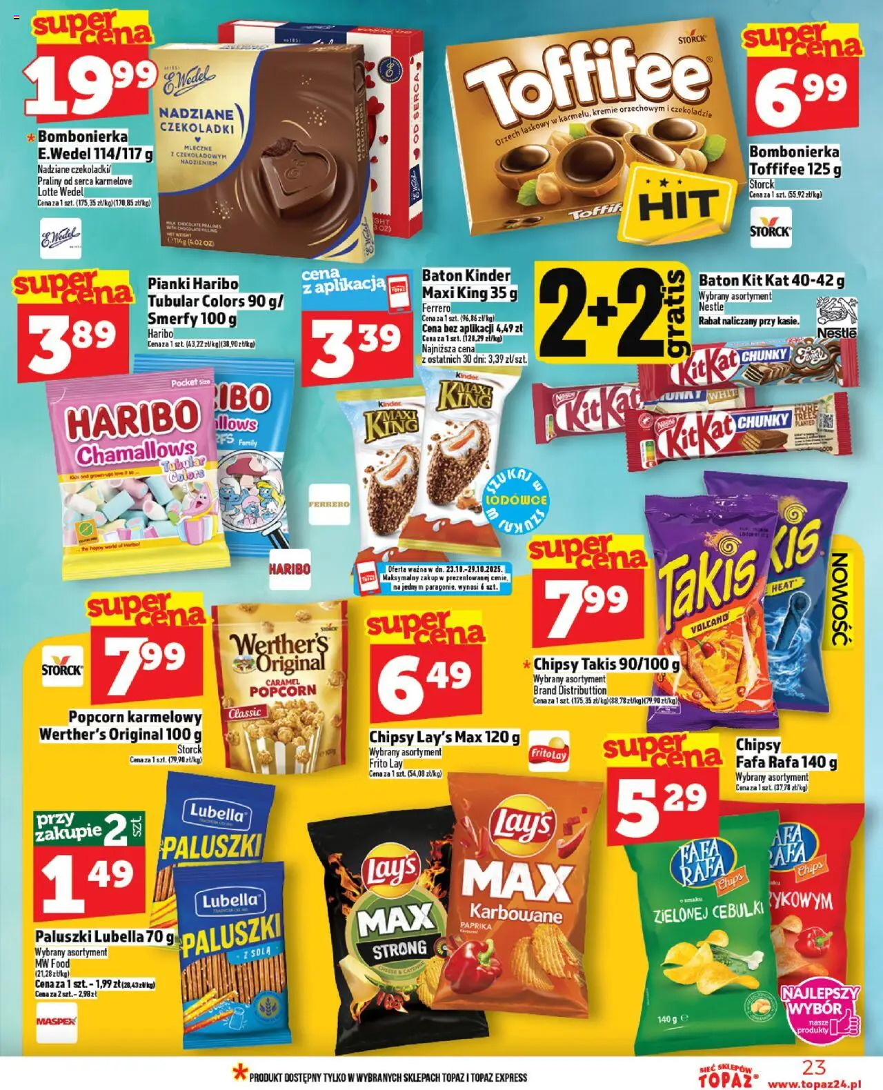 Topaz Gazetka MAZ od 23.10.2025 | Strona: 23 | Produkty: Czekoladki, Praliny, Bombonierka, Paluszki