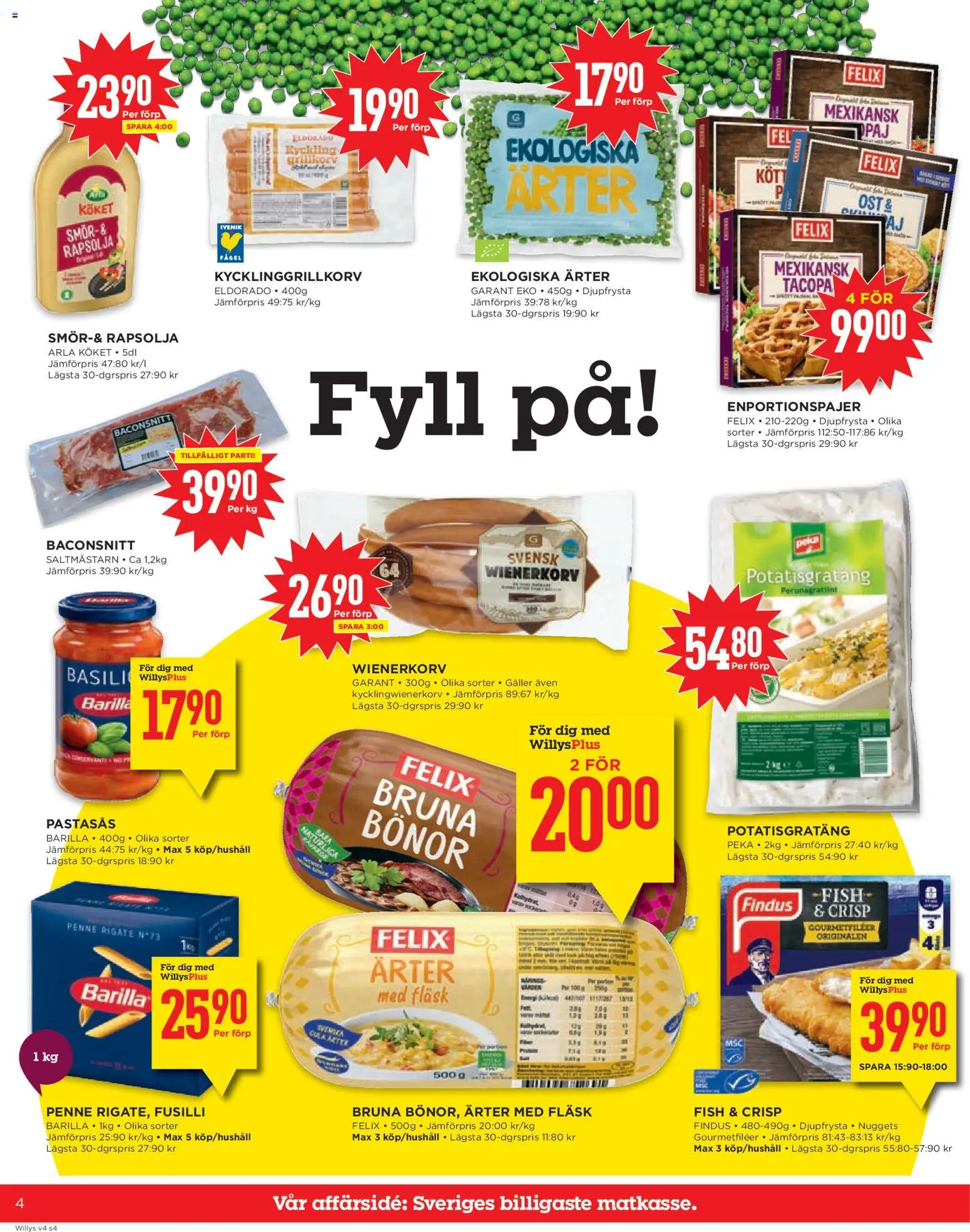 Willys reklamblad aktuell från 19.01.2026 | Sida: 4 | Produkter: Bacon, Rapsolja, Fläsk, Bönor