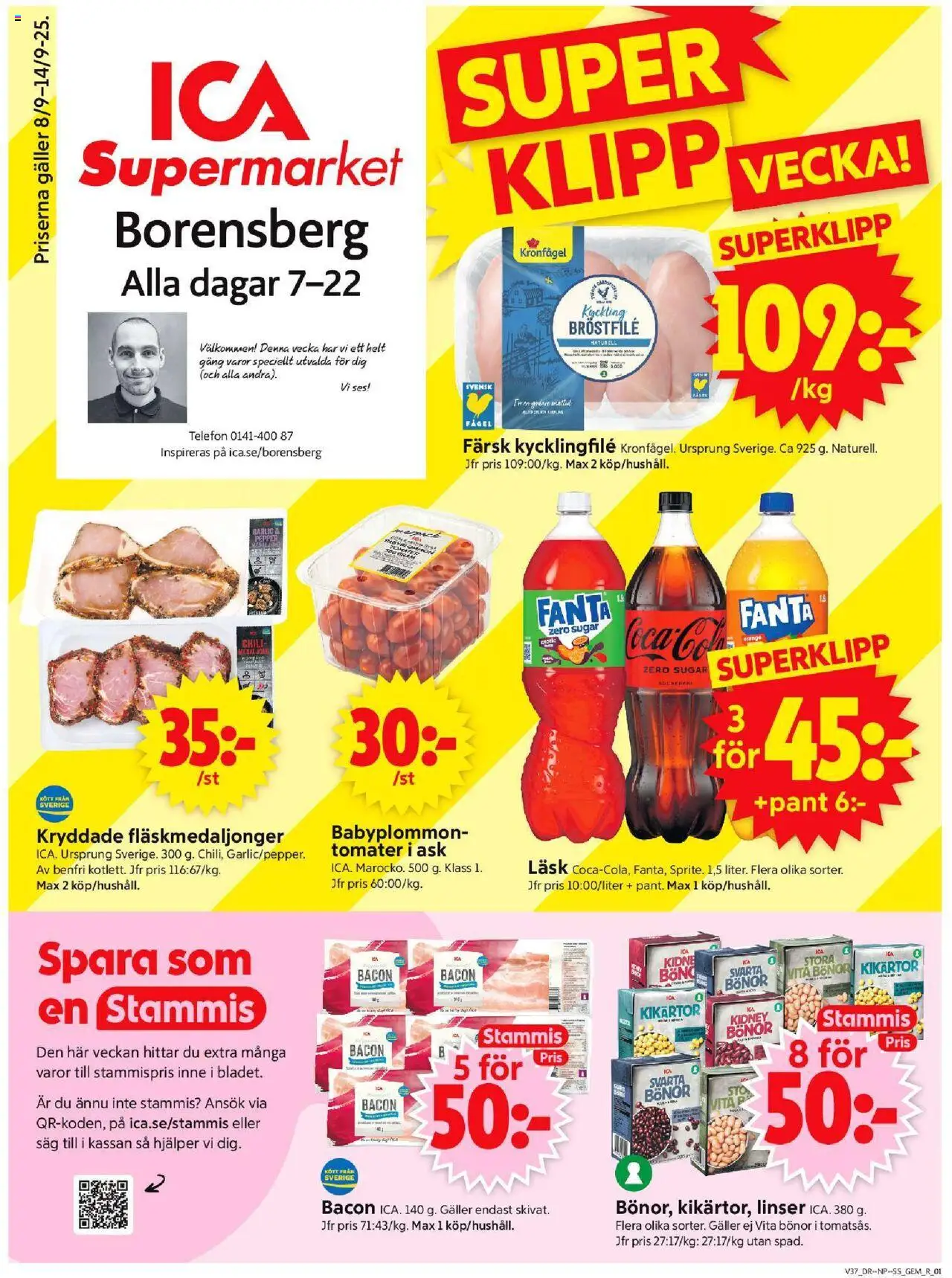 ICA Supermarket reklamblad aktuell från 08.09.2025 | Sida: 1 | Produkter: Linser, Bacon, Fanta, Tomater
