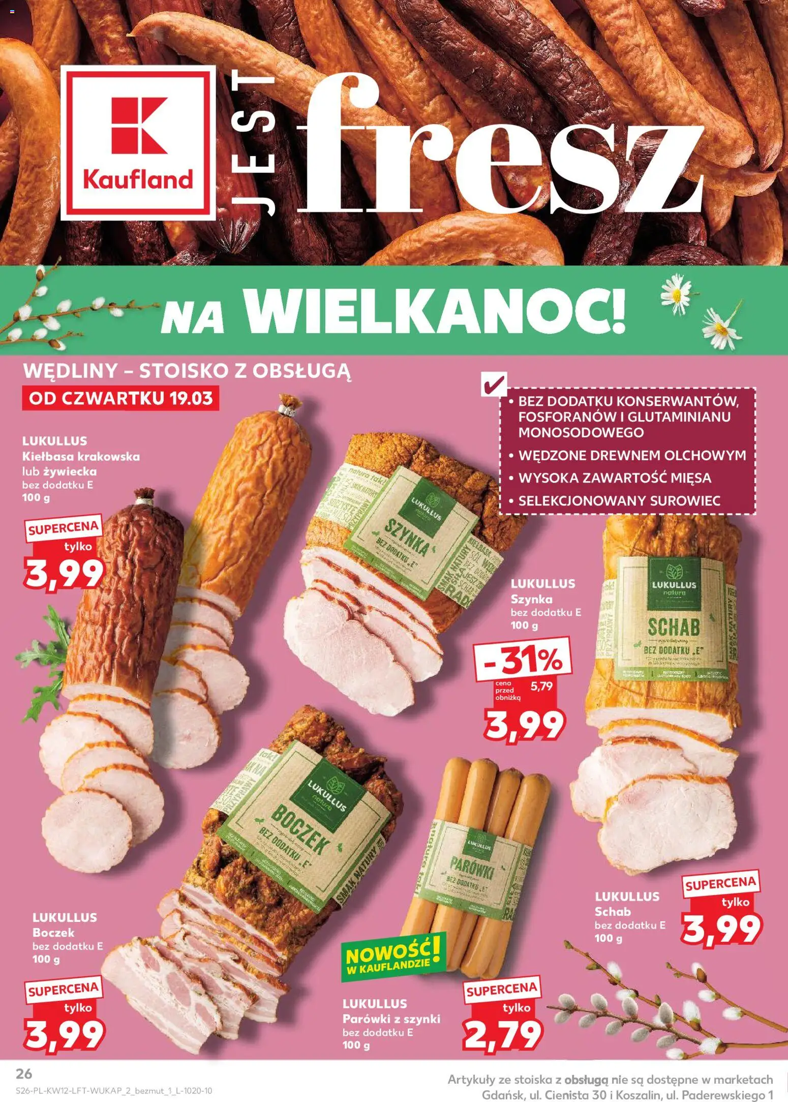 Kaufland gazetka od 19.03.2026 | Strona: 26 | Produkty: Kiełbasa, Parówki z szynki, Szynka, Kiełbasa krakowska