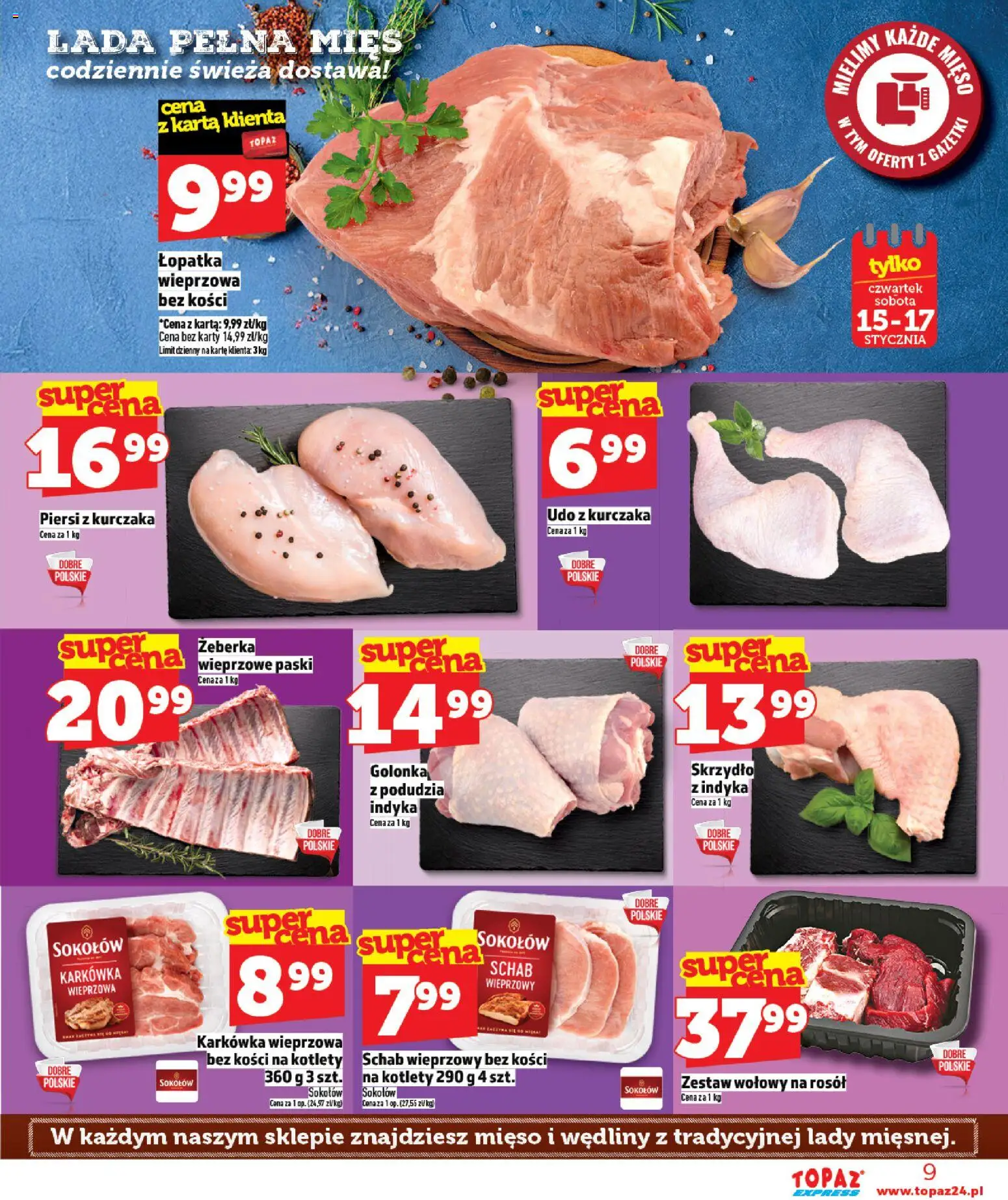 Topaz Gazetka - Express od 15.01.2026 | Strona: 9 | Produkty: Karta, Schab, Schab wieprzowy, Wędliny