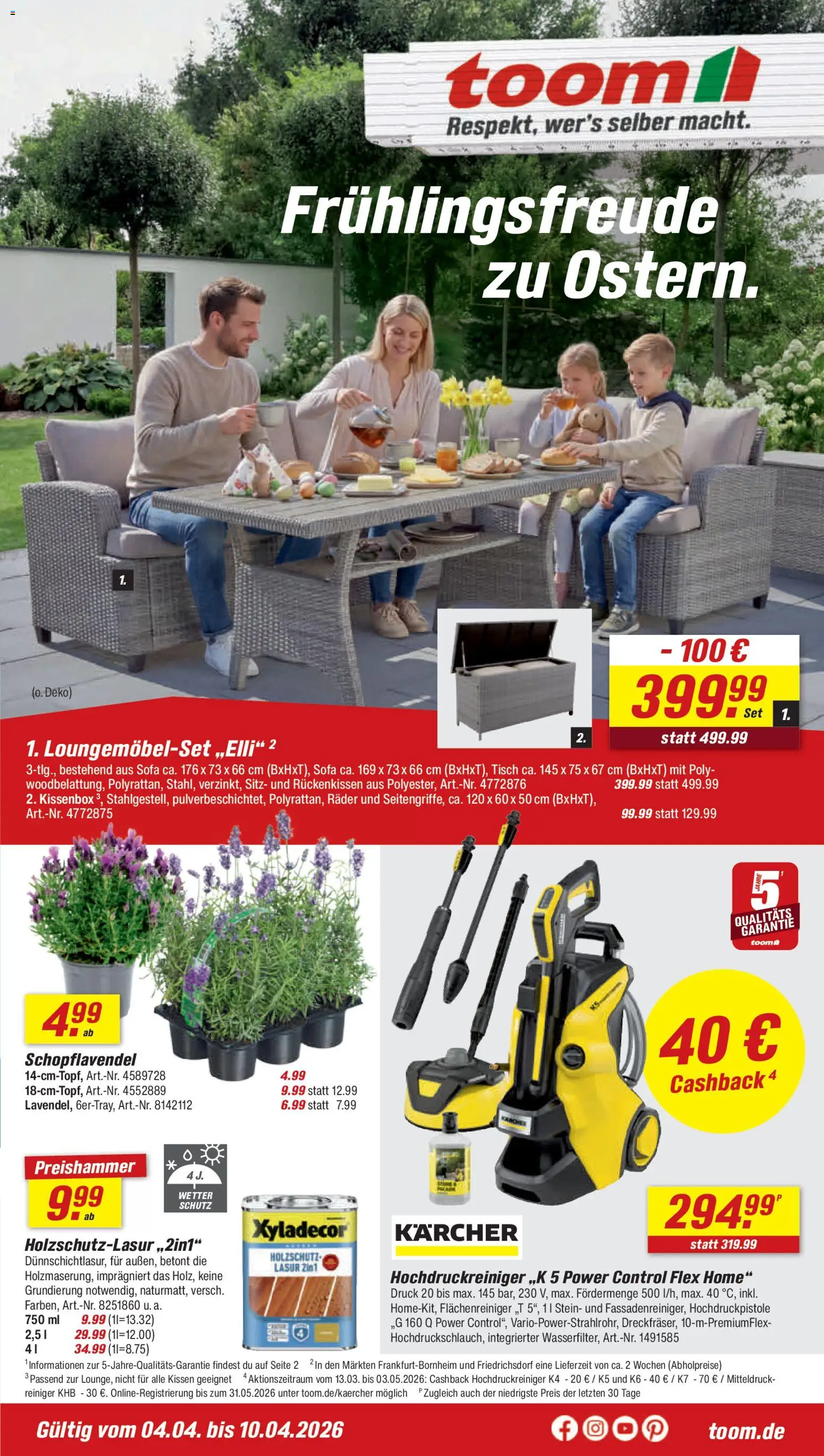 Toom Baumarkt Prospekt 	 – gültig ab 04.04.2026 | Seite: 1 | Produkte: Kissen, Sofa, Tisch, Hochdruckreiniger