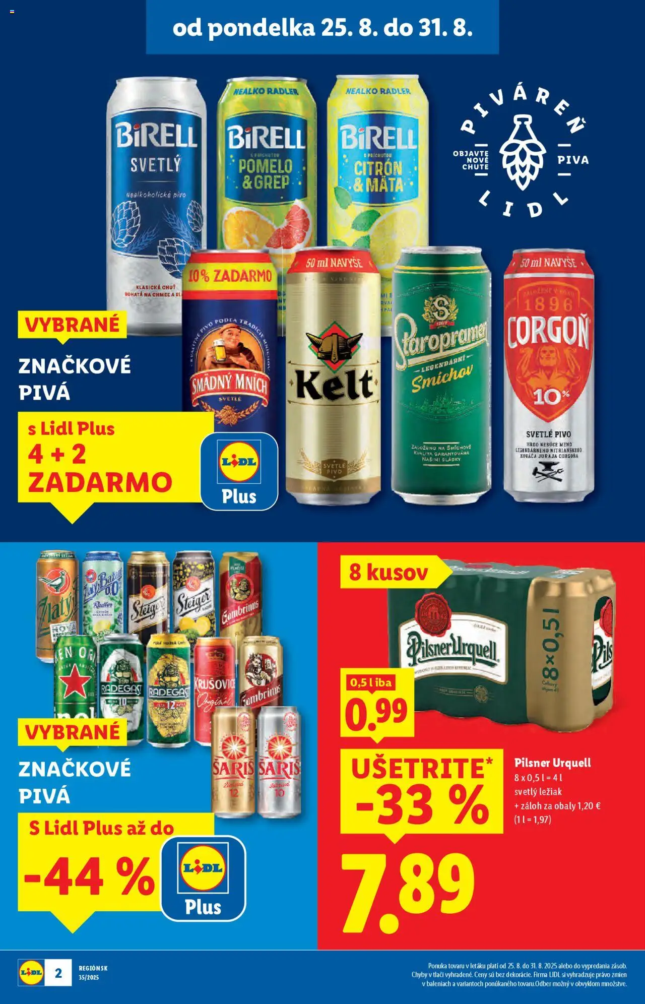 Lidl leták │ platný od 25.08.2025 | Strana: 2 | Produkty: Pilsner Urquell, Birell, Nealkoholické pivo, Grep