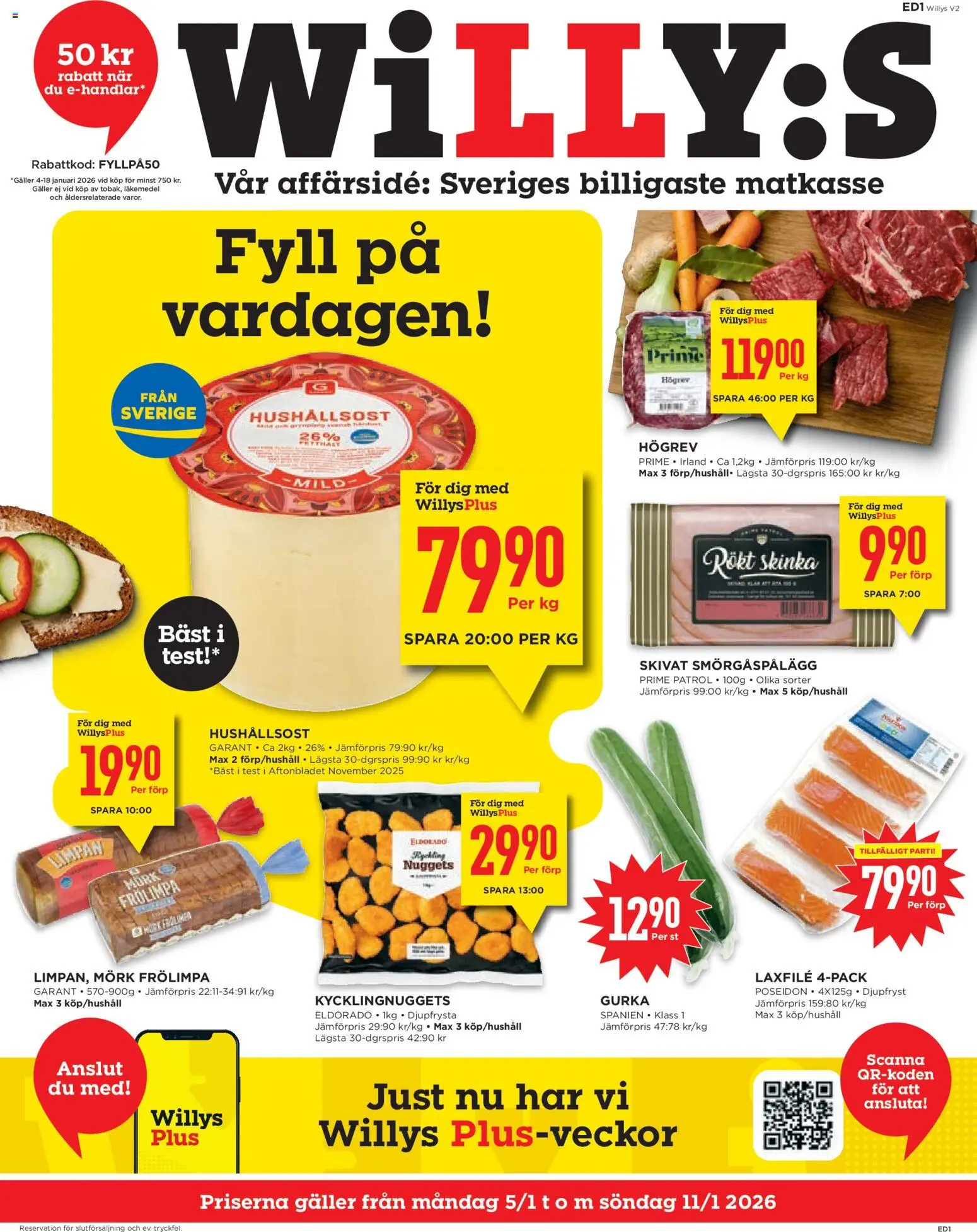 Willys reklamblad aktuell från 05.01.2026 | Sida: 1 | Produkter: Galler, Hushållsost, Skinka, Gurka