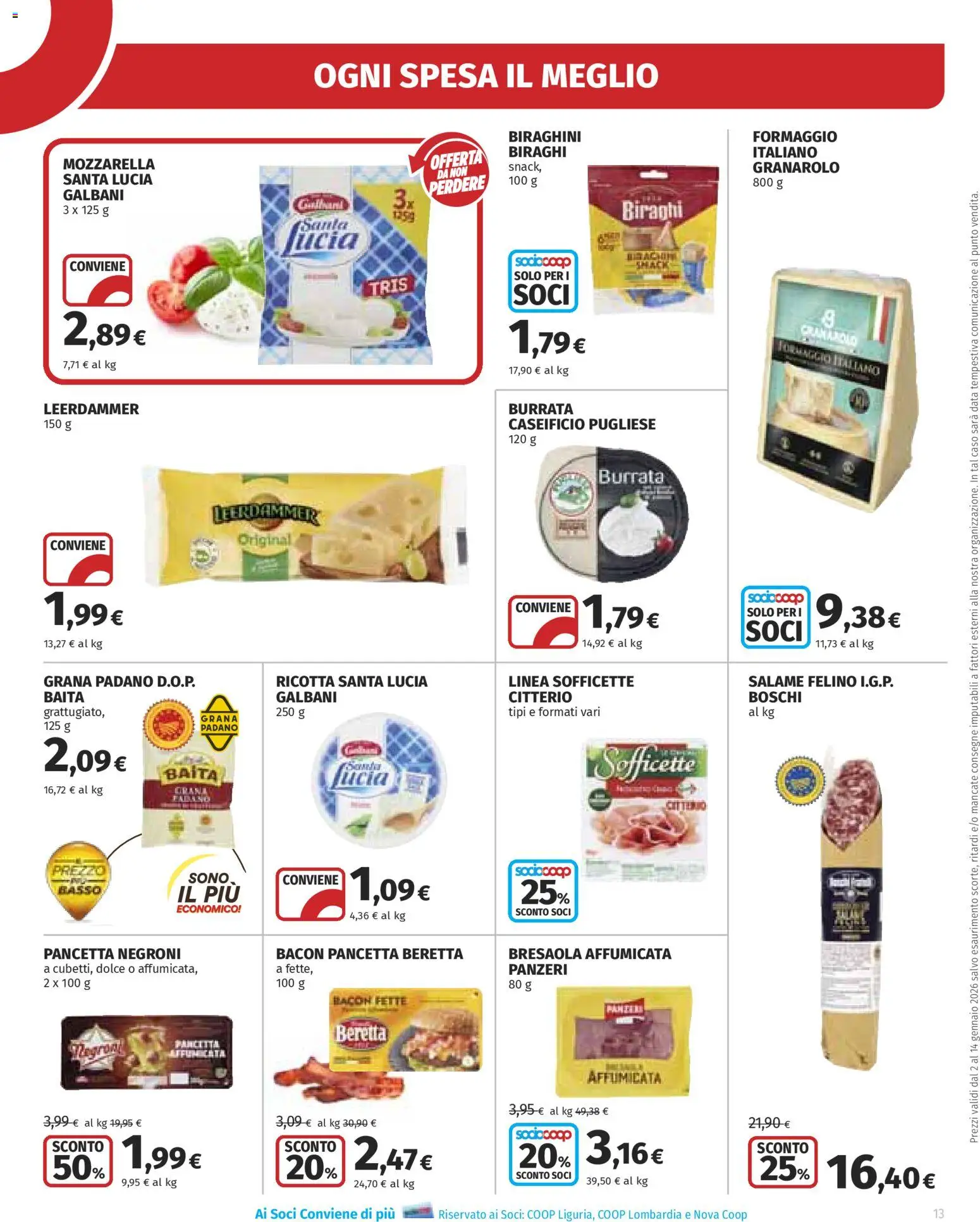 Volantino Ipercoop del 02.01.2026 | Pagina: 13 | Prodotti: Mozzarella, Formaggio, Grana Padano, Ricotta