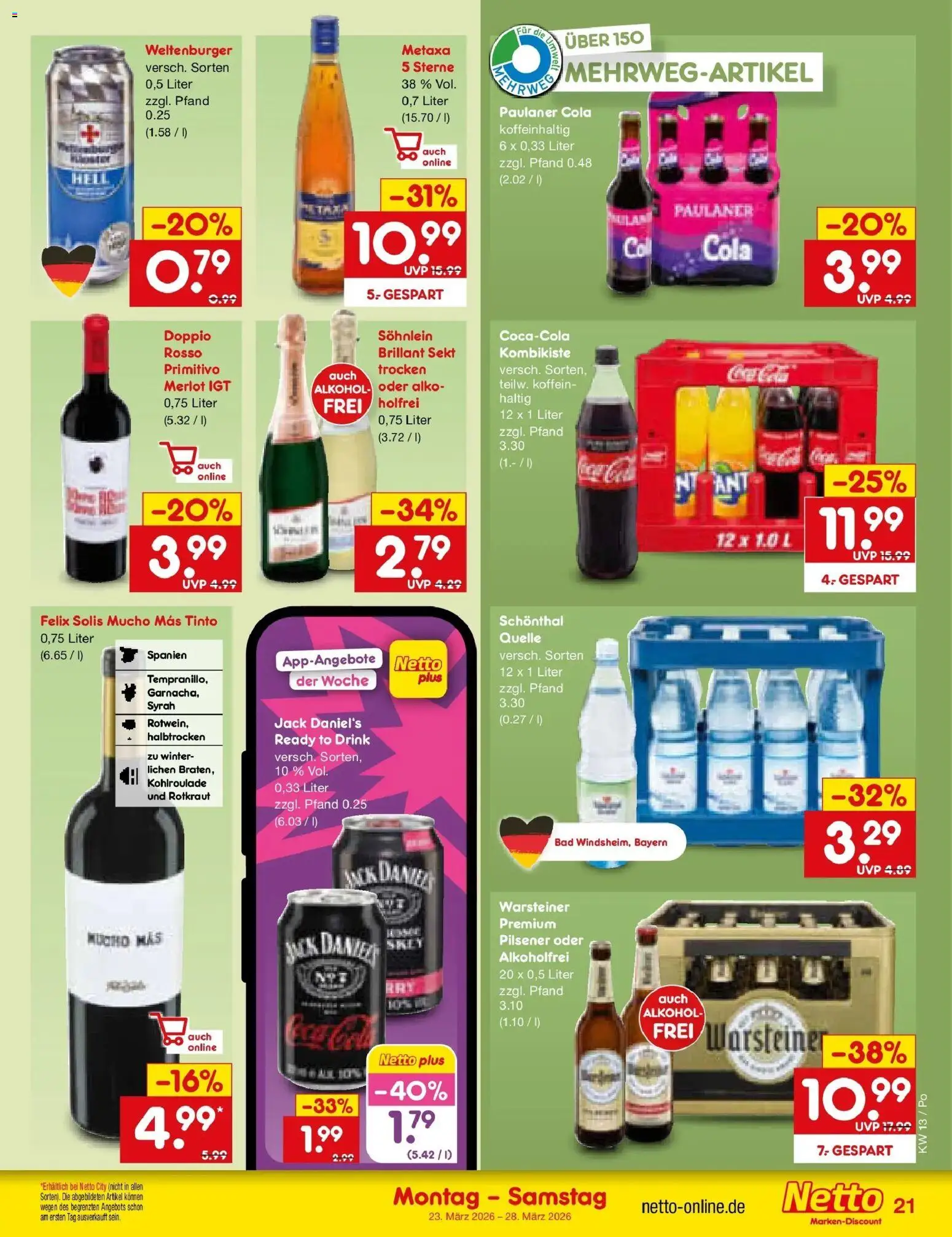 Netto Marken-Discount Prospekt Selb	 – gültig ab 23.03.2026 | Seite: 21 | Produkte: Bad, Metaxa, Warsteiner, Paulaner