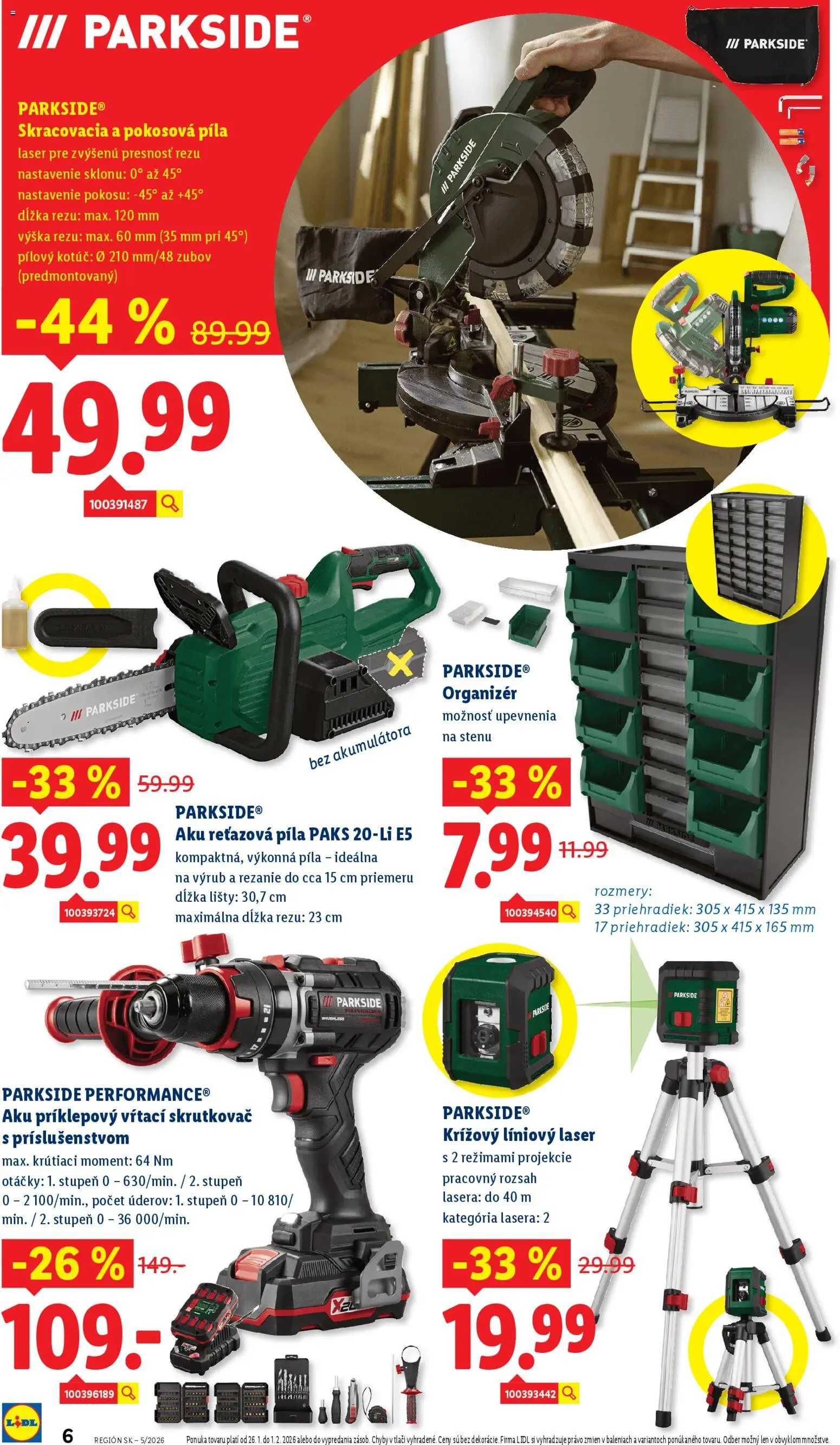 Nové Lidl akcie – leták je platný od 26.01.2026 | Strana: 6 | Produkty: Organizér, Laser, Aku reťazová píla, Reťazová píla