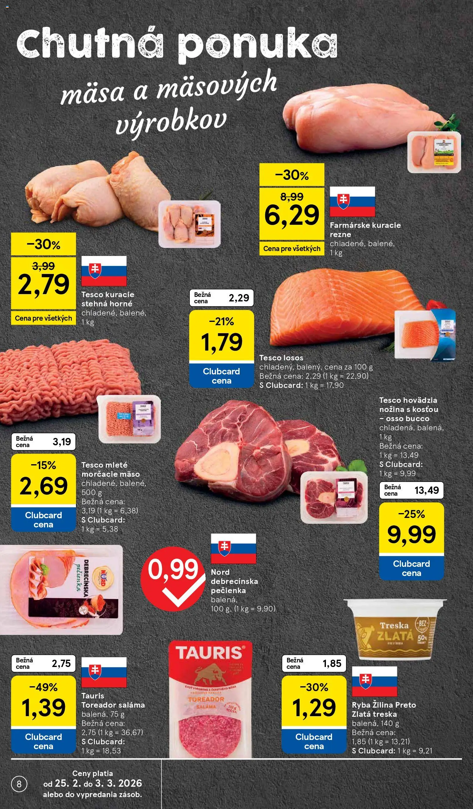Nové Tesco akcie – leták je platný od 25.02.2026 | Strana: 8 | Produkty: Saláma, Kuracie rezne, Ryba, Treska