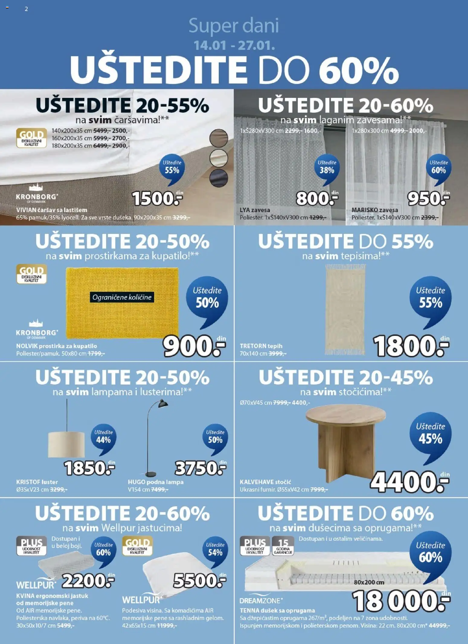 Jysk katalog - važi od 14.01.2026 | Strana: 2 | Proizvode: Dušek, Luster, Tepih, Podna lampa