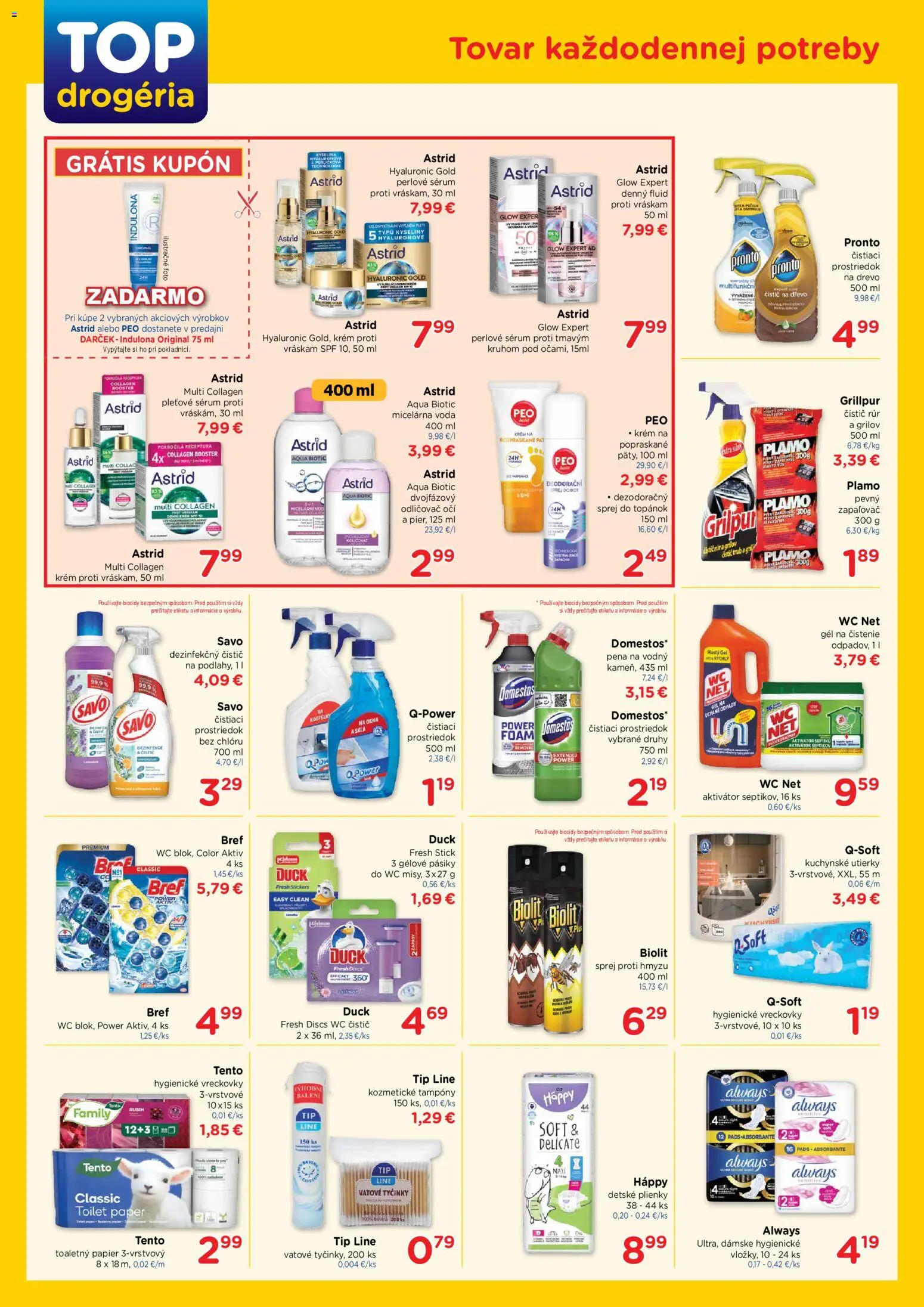 Nové TOP Drogéria akcie – leták je platný od 20.04.2026 | Strana: 2 | Produkty: Toaletný papier, Plienky, Domestos, Indulona