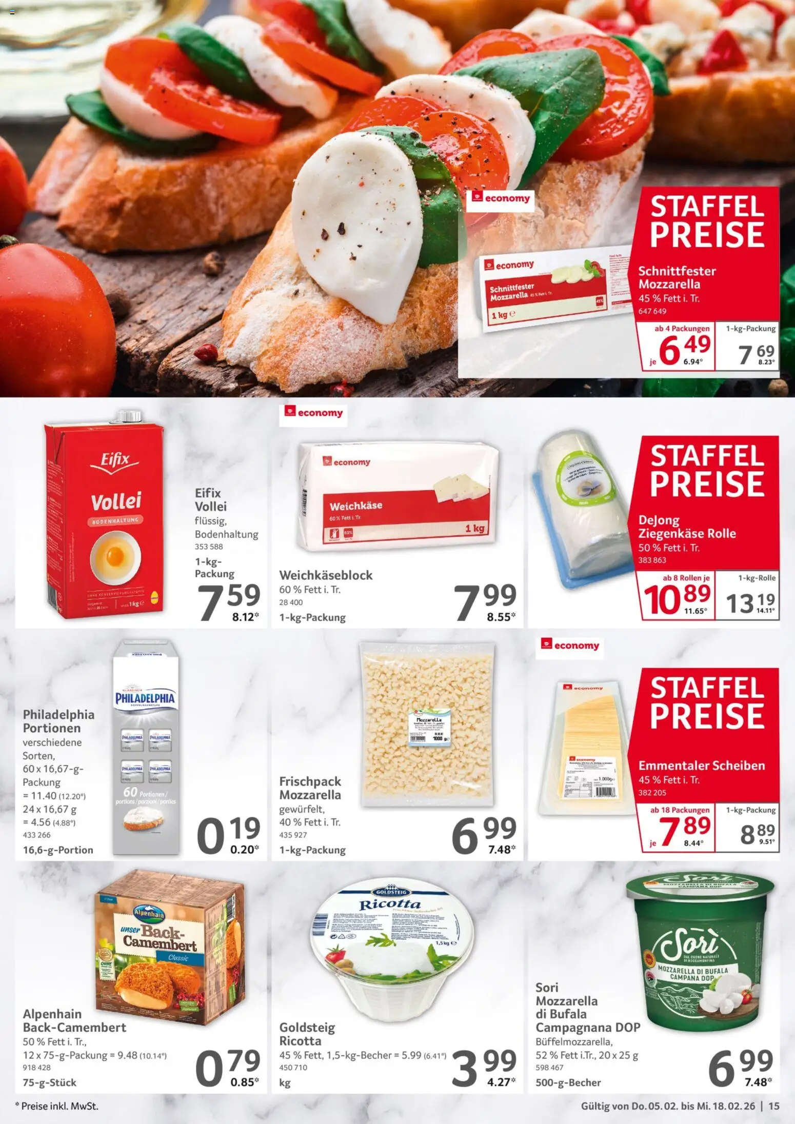 Selgros Gastronomie – gültig ab 05.02.2026 | Seite: 15 | Produkte: Philadelphia, Mozzarella, Ziegenkäse
