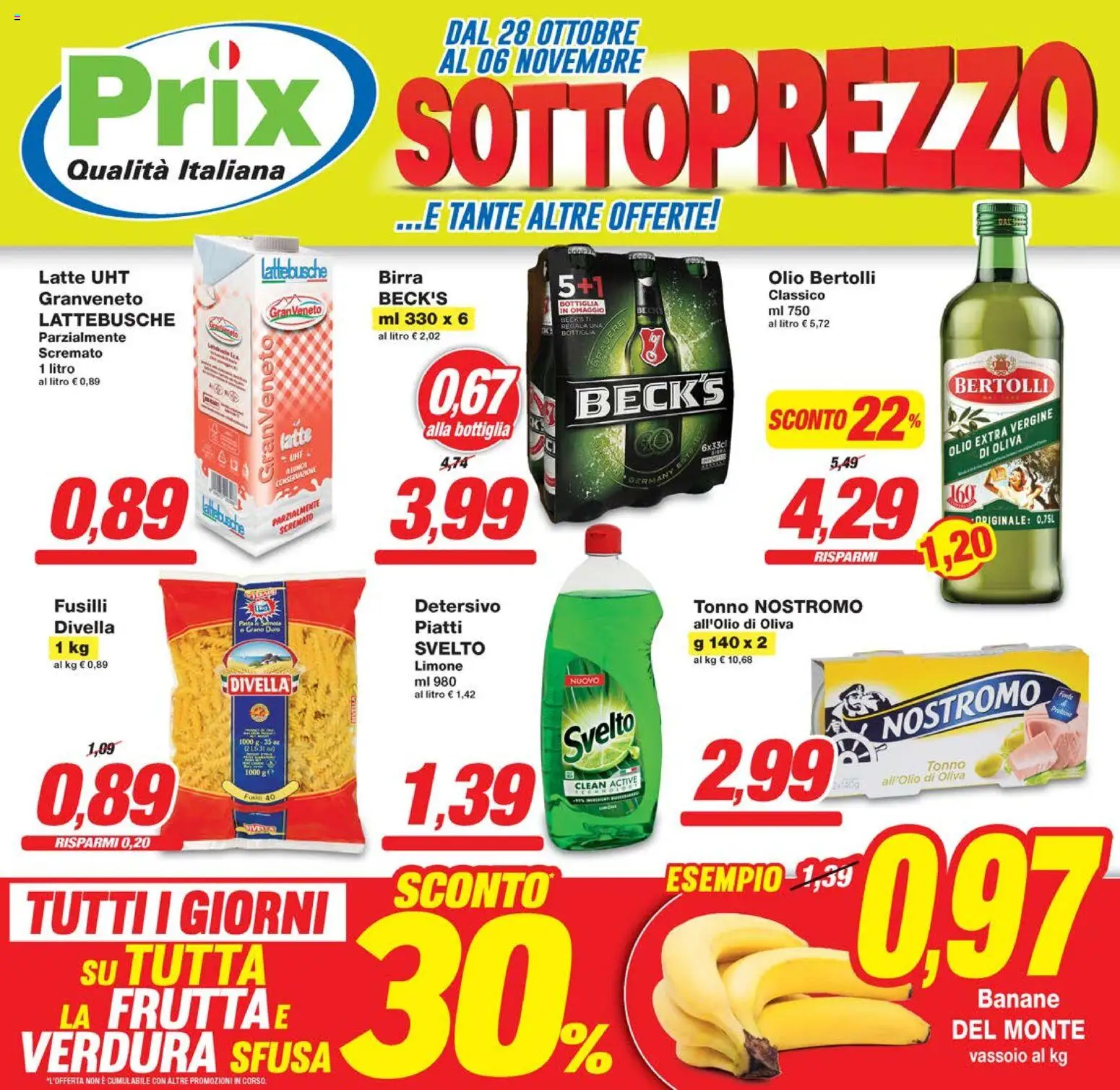 Volantino Prix del 28.10.2025 | Pagina: 1 | Prodotti: Banane, Tonno, Fusilli, Olio di Oliva