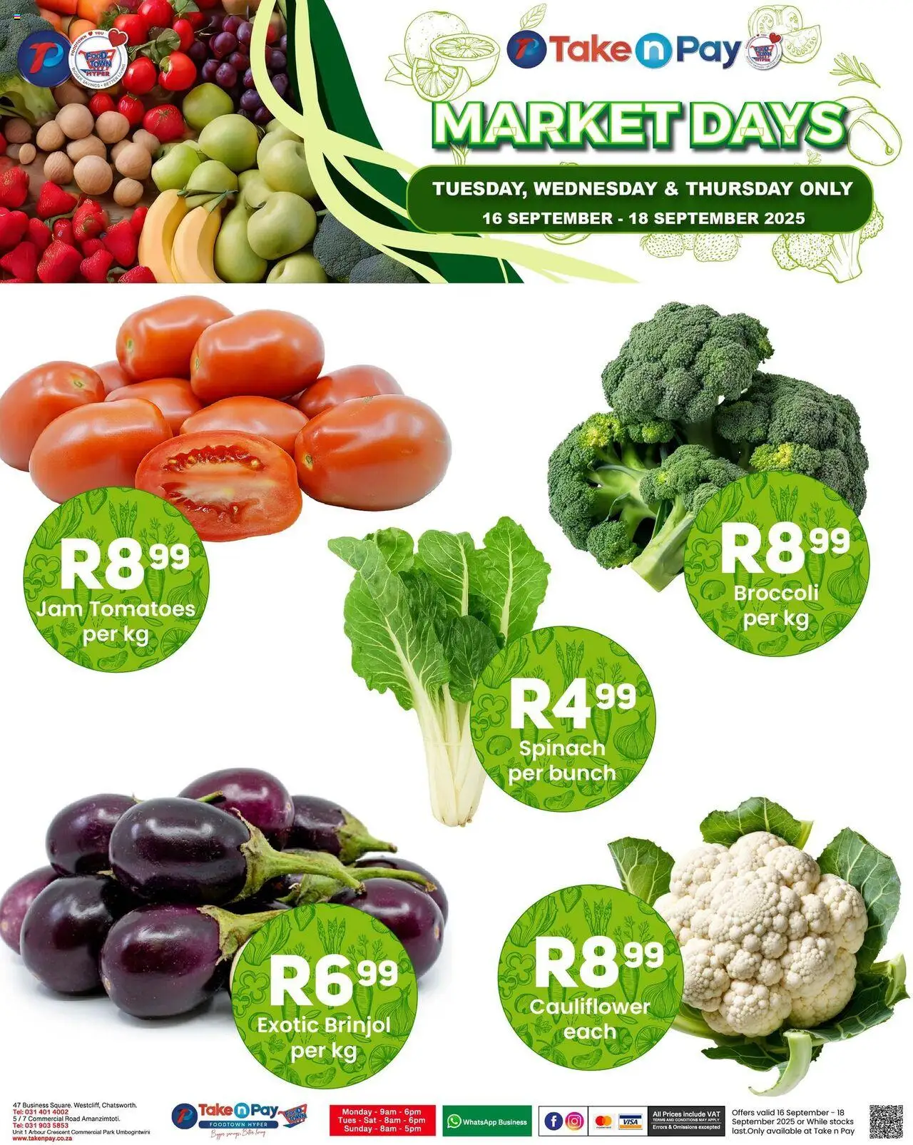 New Take n Pay catalogue – valid from 16.09.2025 | Page: 1 | Products: Cauliflower, Jam, Tomatoes