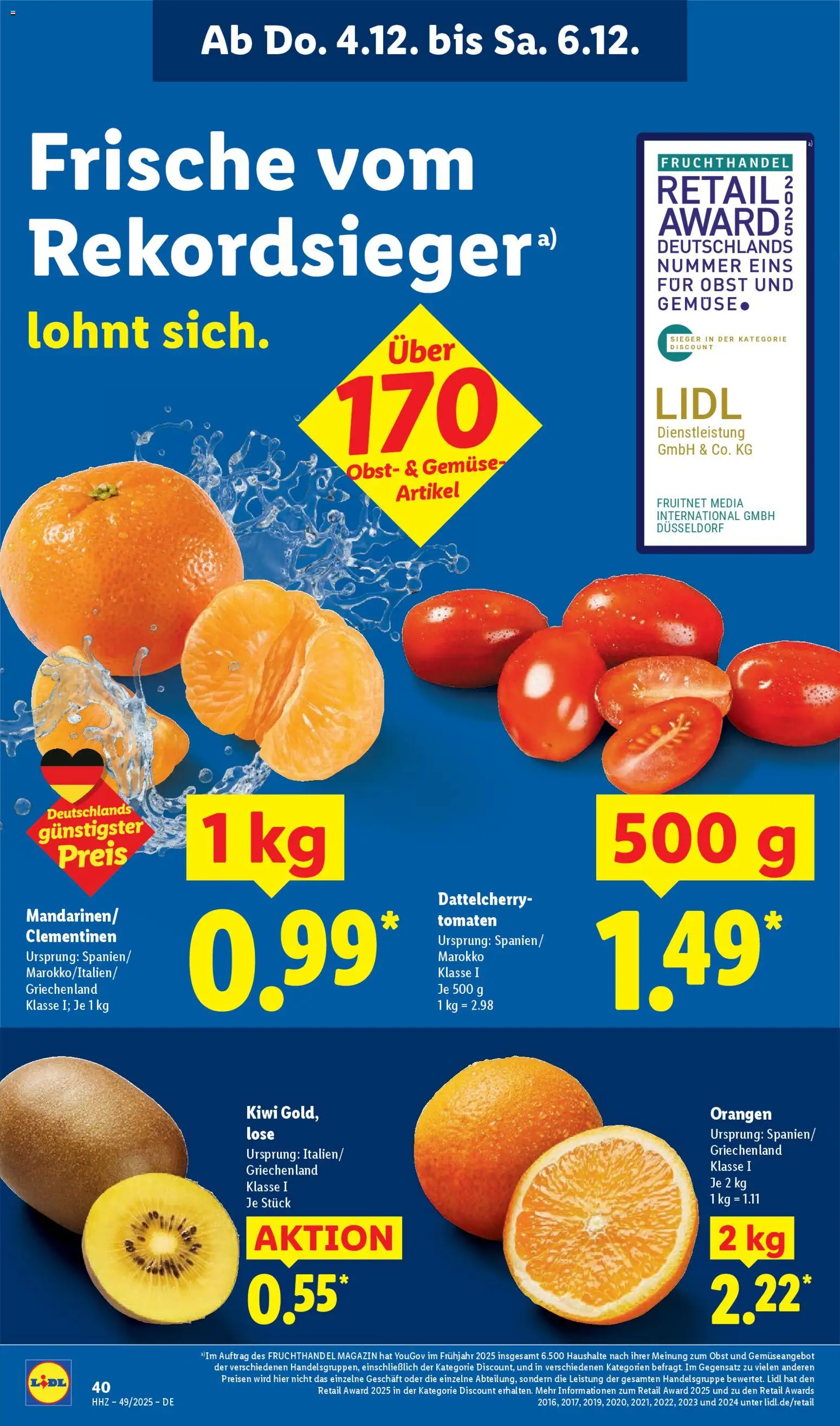 Lidl Prospekt Kornwestheim – gültig ab 01.12.2025 | Seite: 60 | Produkte: Orangen, Tomaten, Gemüse, Kiwi
