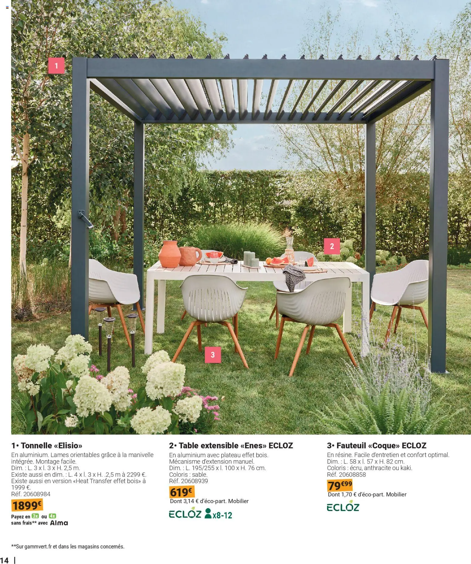 {H1} | Page: 14 | Produits: Plateau, Table extensible, Tonnelle, Table