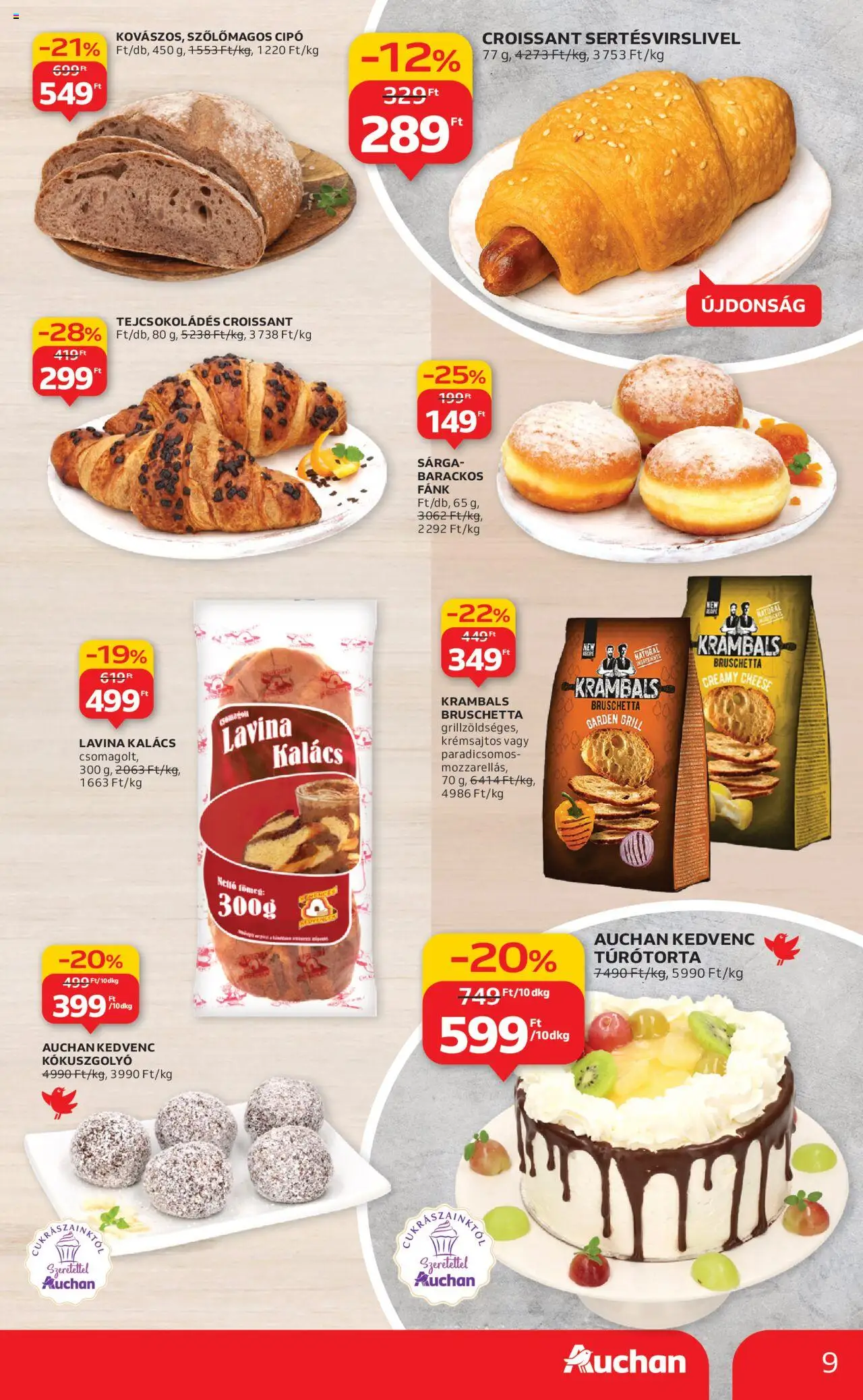 Auchan akciós ujság - amely érvényes a következő dátumtól: 24.10.2025 | Oldal: 9 | Termékek: Croissant, Grill, Kalács, Bruschetta