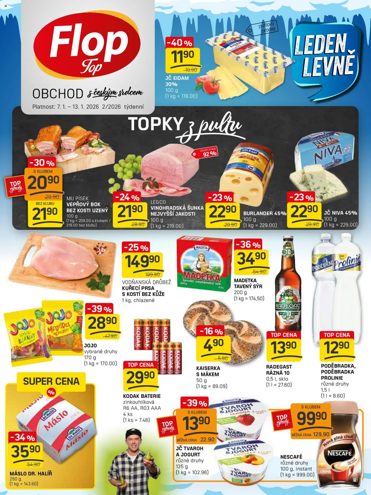 Flop leták - FlopTop od 07.01.2026 | Strana: 1 | Produkty: Tavený sýr, Vepřový bok, Niva, Prolinie