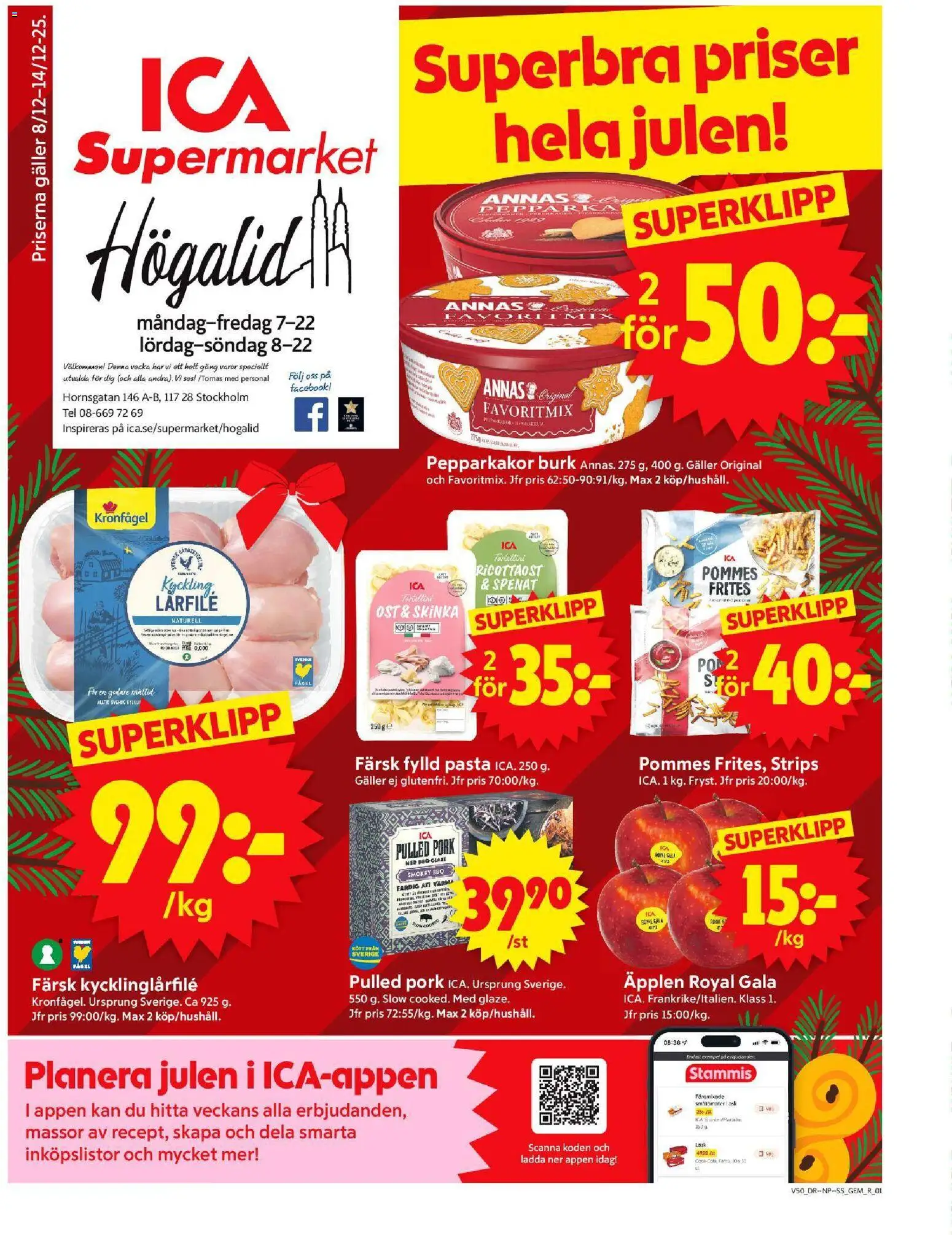 ICA Supermarket reklamblad aktuell från 08.12.2025 | Sida: 1 | Produkter: Spenat, Fanta, Skinka, Pasta