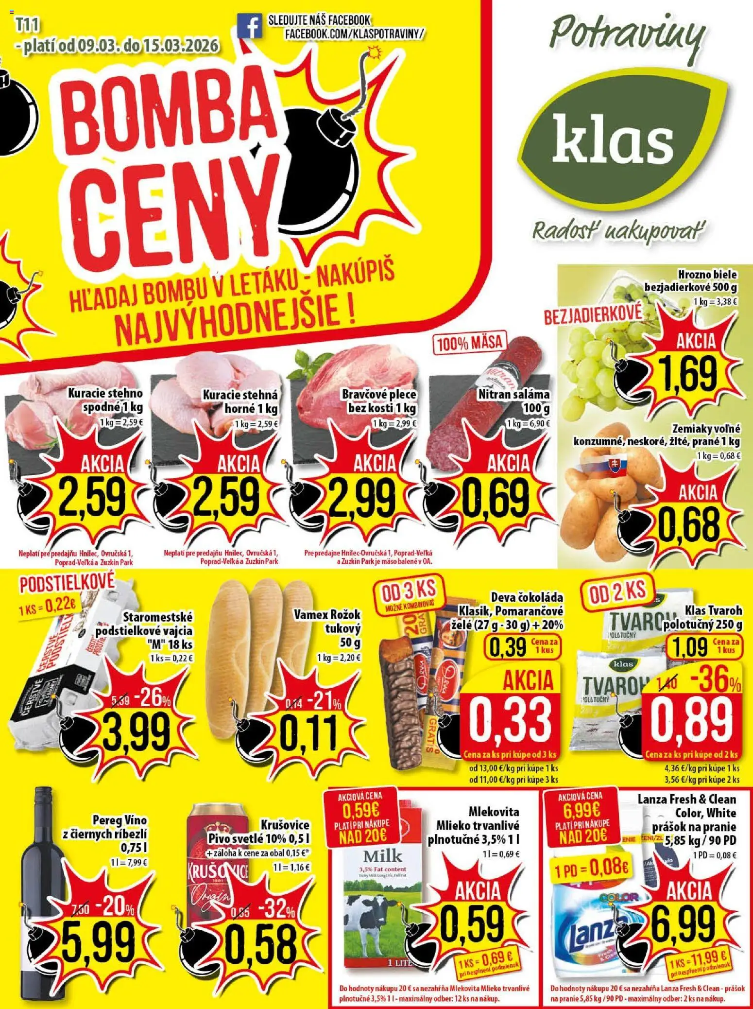 Nové Klas akcie – leták je platný od 09.03.2026 | Strana: 1 | Produkty: Mlieko, Rožok, Krušovice, Čokoláda