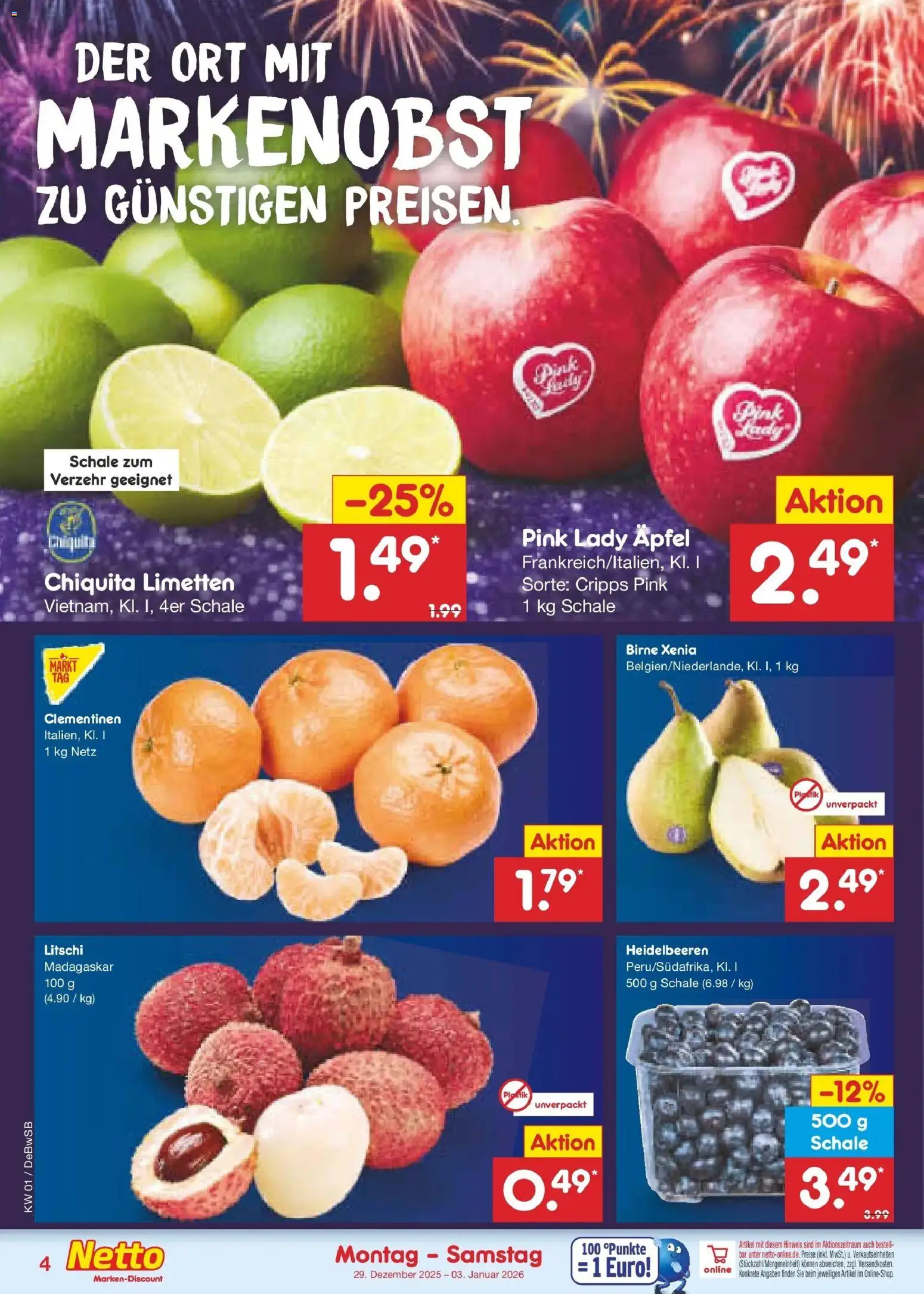 Netto Marken-Discount prospekt Waiblingen-Bittenfeld	 – gültig ab 28.12.2025 | Seite: 4 | Produkte: Limetten, Äpfel, Heidelbeeren, Birne