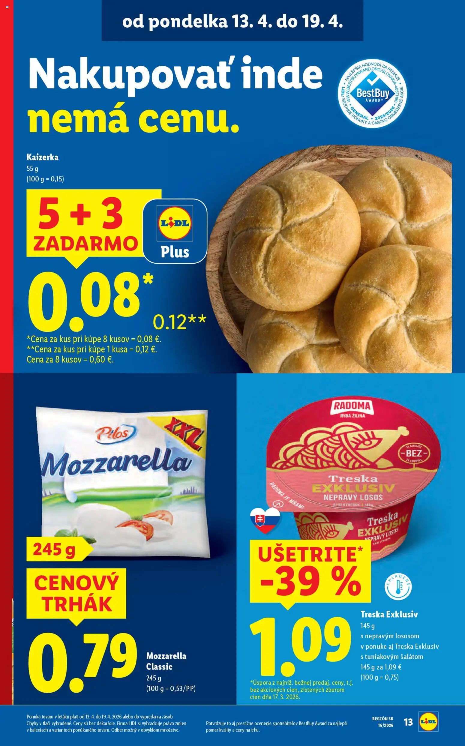Nové Lidl akcie – leták je platný od 13.04.2026 | Strana: 15 | Produkty: Mozzarella, Ryba, Losos, Treska