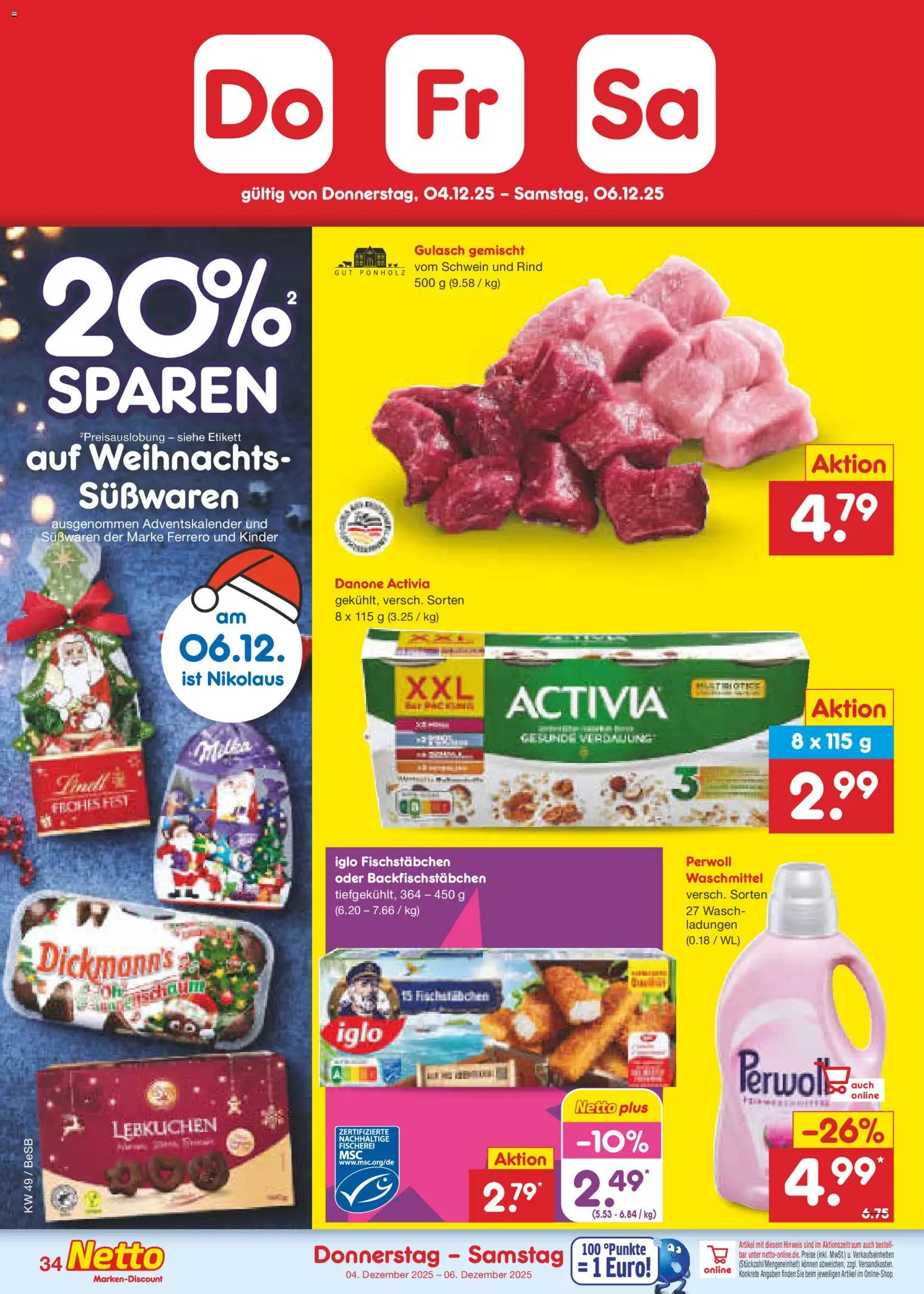 Netto Marken-Discount Prospekt 	 – gültig ab 01.12.2025 | Seite: 36 | Produkte: Activia, Iglo, Fischstabchen, Gulasch