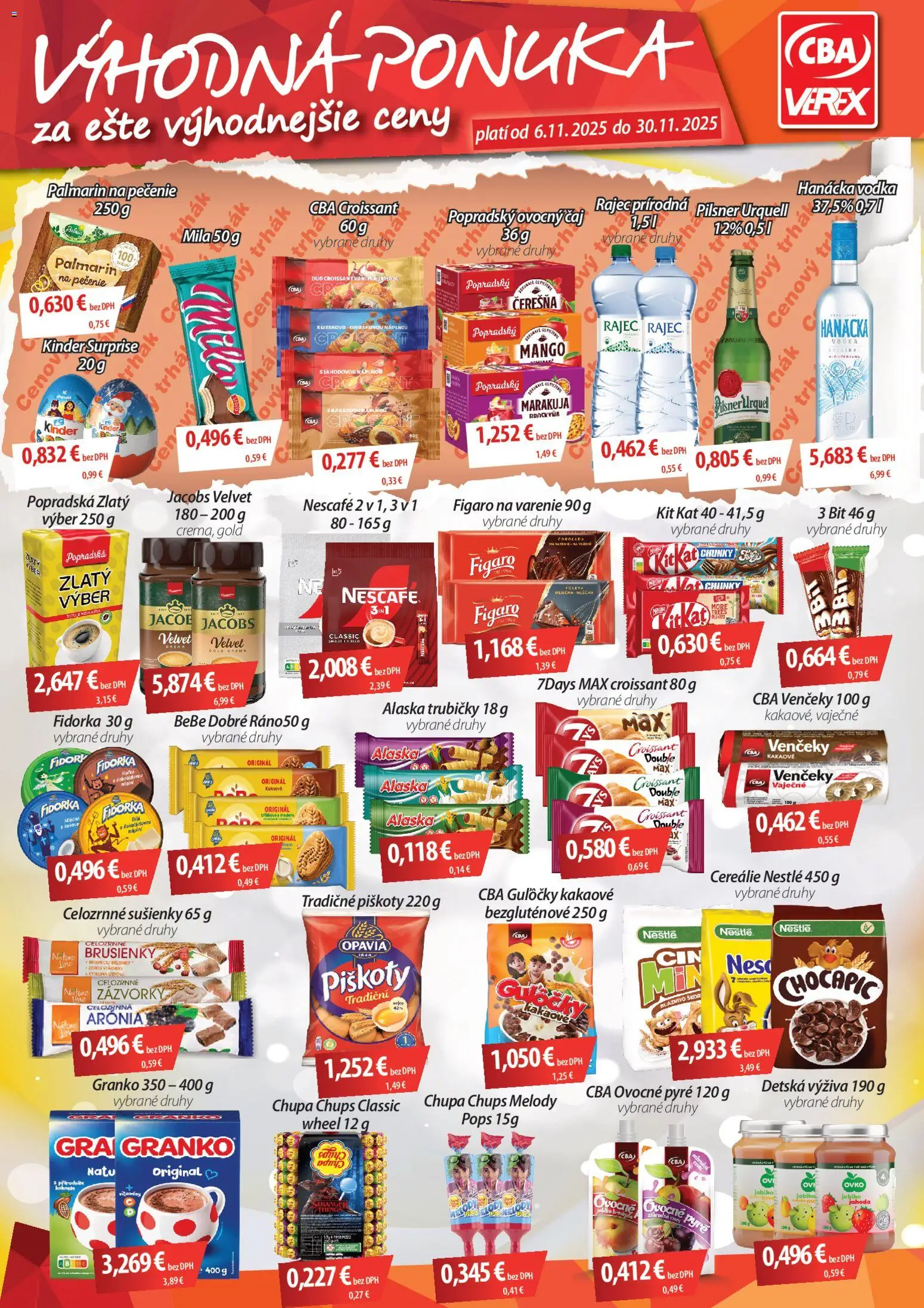 Nové CBA Verex akcie – leták je platný od 06.11.2025 | Strana: 1 | Produkty: Rajec, Kinder Surprise, Mila, Granko