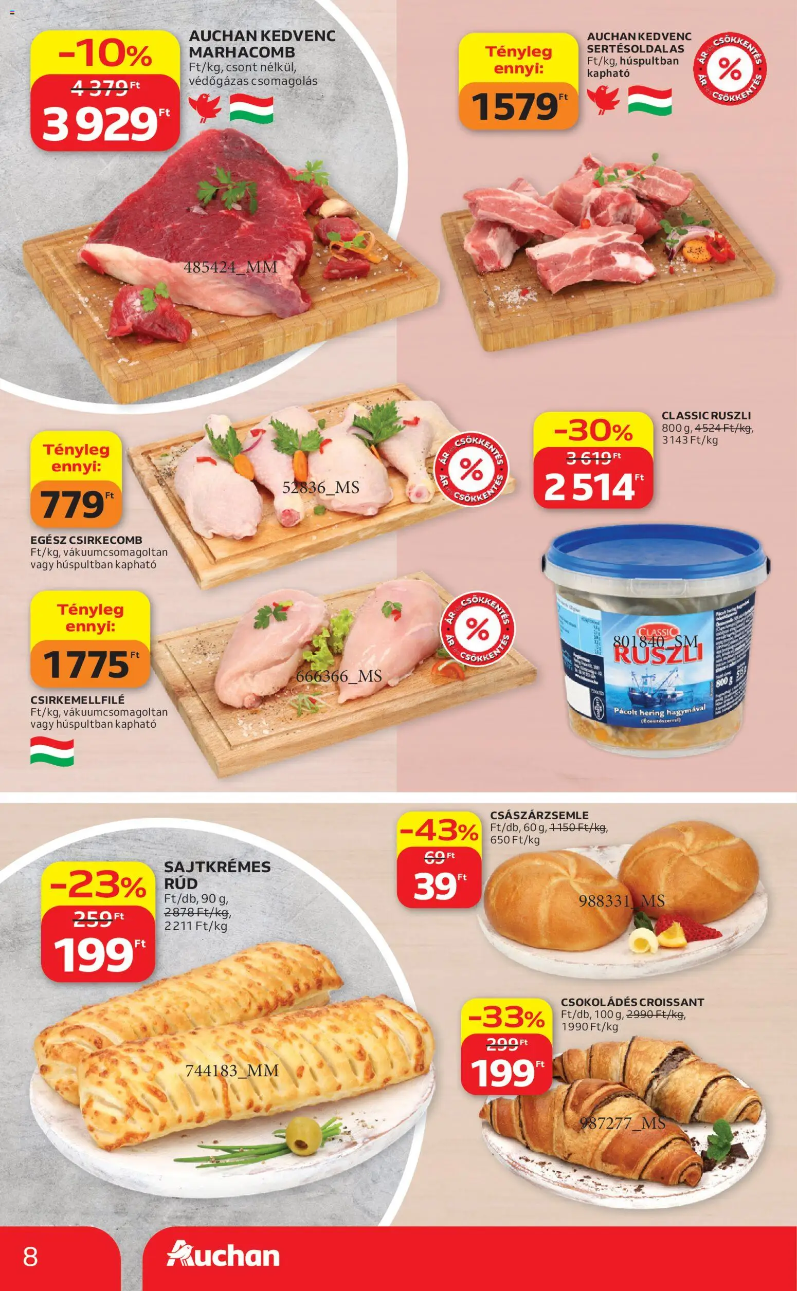 Auchan akciós ujság - amely érvényes a következő dátumtól: 09.04.2026 | Oldal: 8 | Termékek: Croissant, Császárzsemle, Hering, Csirkecomb