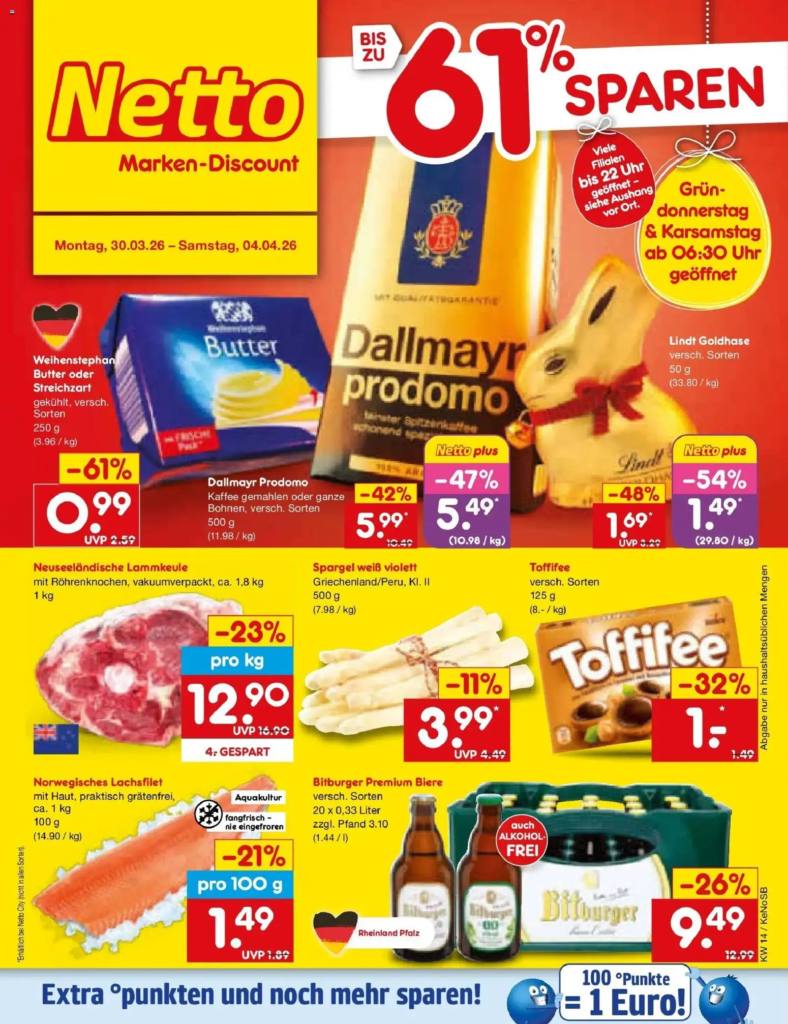 Netto Marken-Discount Prospekt Bonn	 – gültig ab 30.03.2026 | Seite: 1 | Produkte: Bitburger, Lammkeule, Toffifee, Dallmayr prodomo