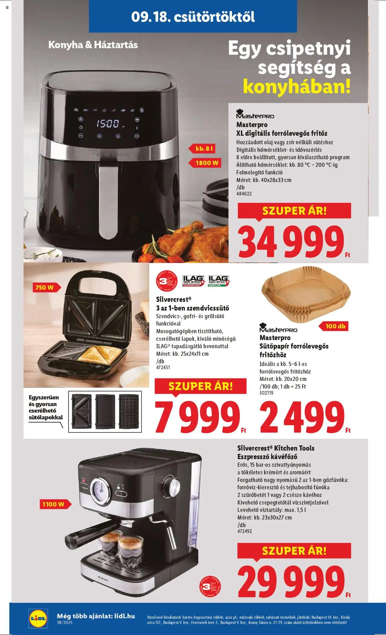 Lidl akciós ujság - amely érvényes a következő dátumtól: 18.09.2025 | Oldal: 8 | Termékek: Grillsütő, Tejhabosító, Kávéfőző, Olaj