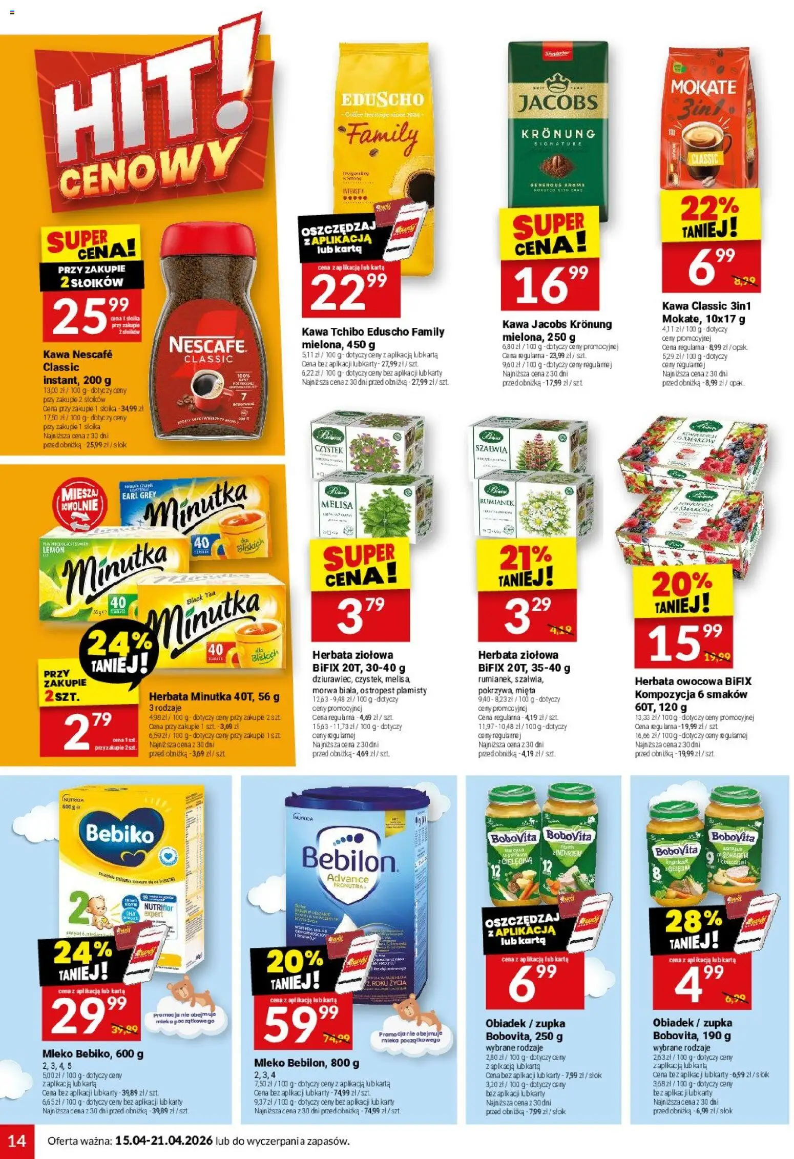 Twój Market gazetka od 15.04.2026 | Strona: 14 | Produkty: Kawa jacobs, Mleko, Herbata, Melisa
