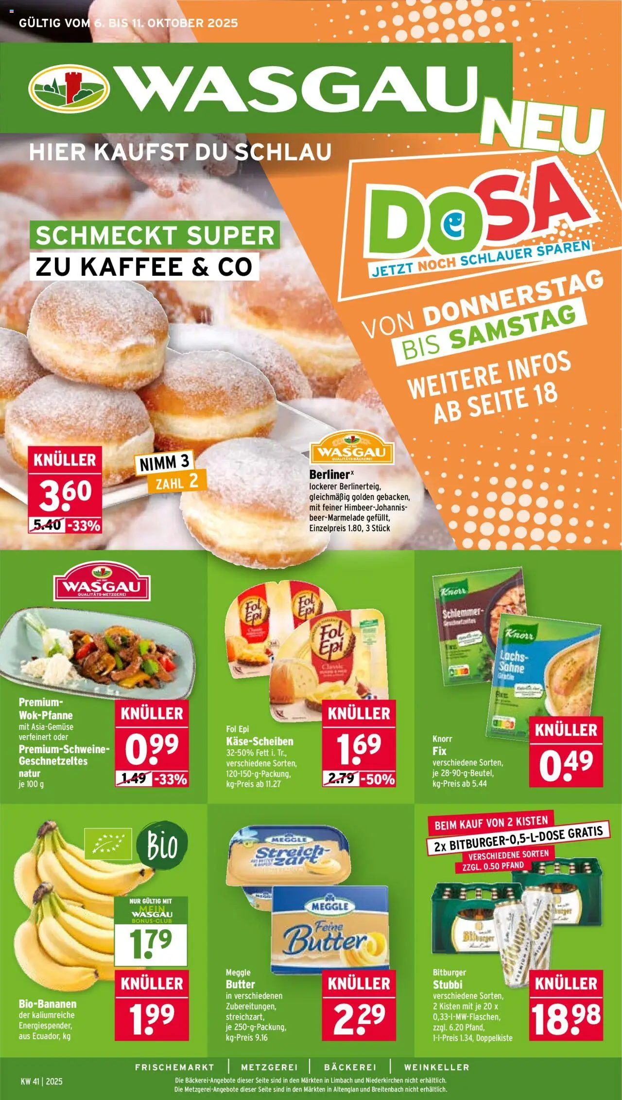 Wasgau Prospekt 	 – gültig ab 06.10.2025 | Seite: 1 | Produkte: Bäckerei, Kaffee, Knorr, Lachs