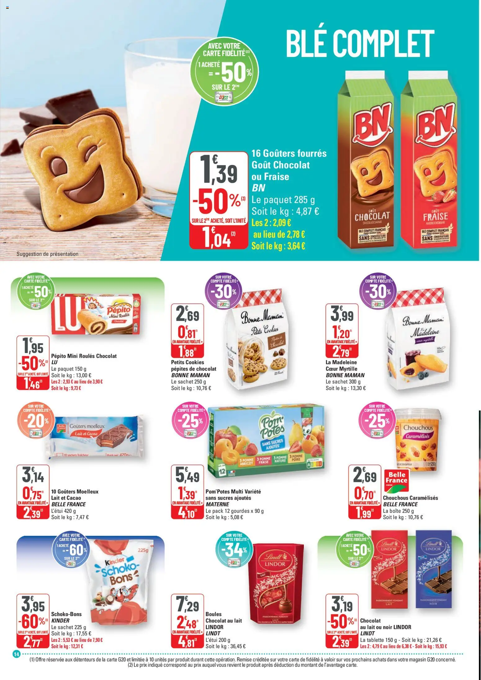 {H1} | Page: 14 | Produits: Pomme, Pom'potes, Cookies, Lindt