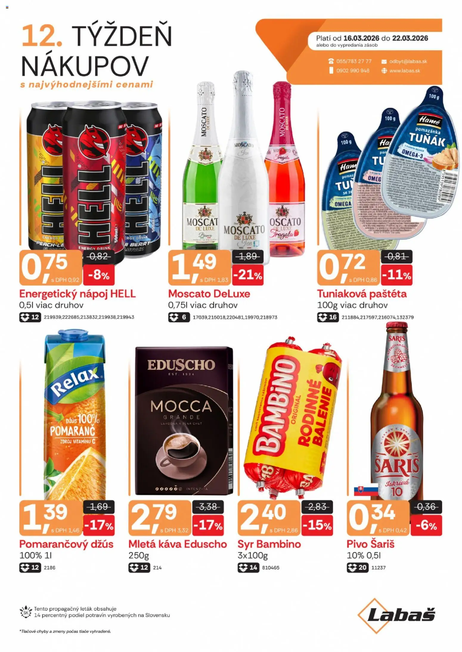 Nové Labaš akcie – leták je platný od 16.03.2026 | Strana: 1 | Produkty: Syr, Džús, Šariš, Energetický nápoj