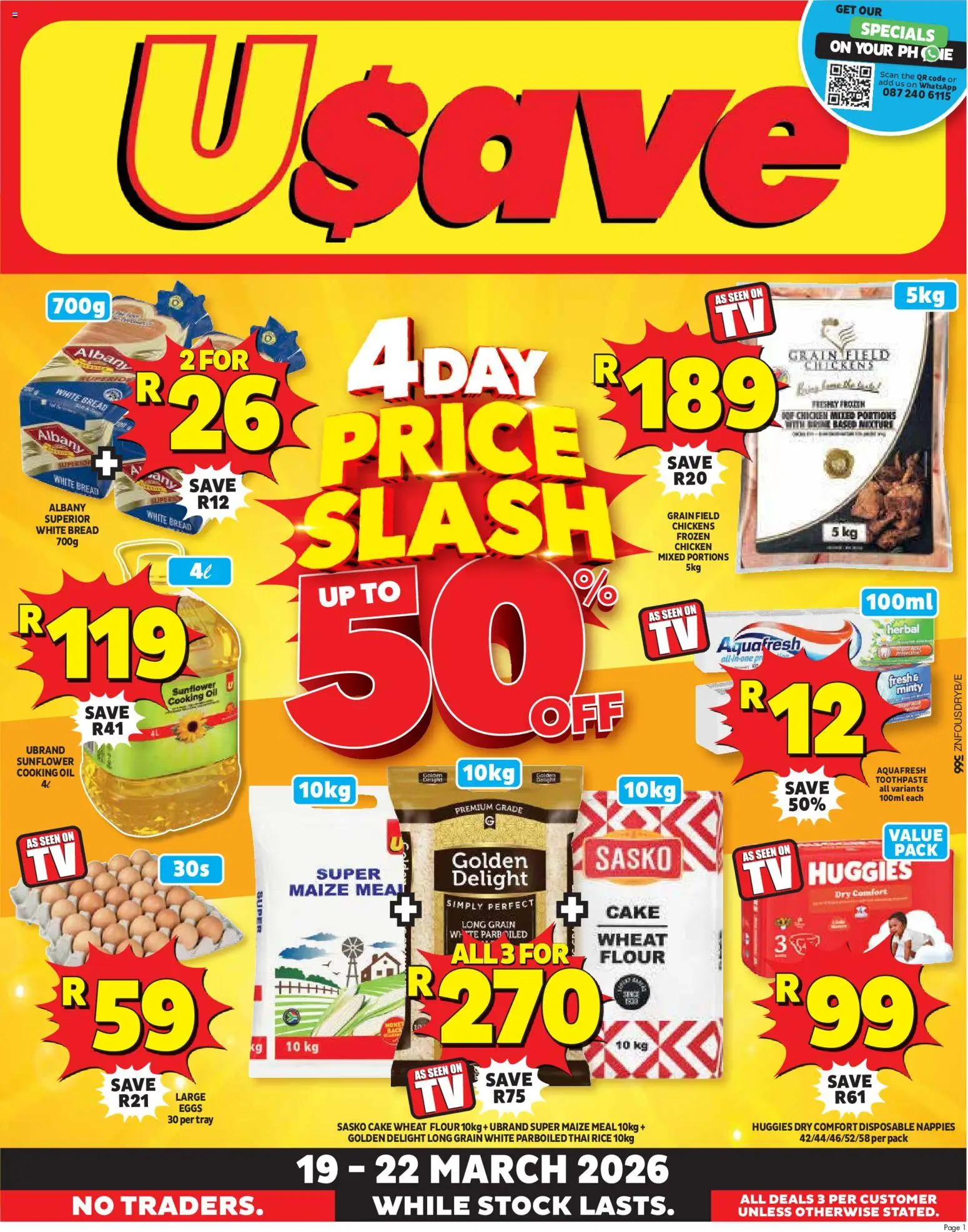 New Usave catalogue – valid from 19.03.2026 | Page: 1 | Products: Cake, Oil, Rice, Toothpaste