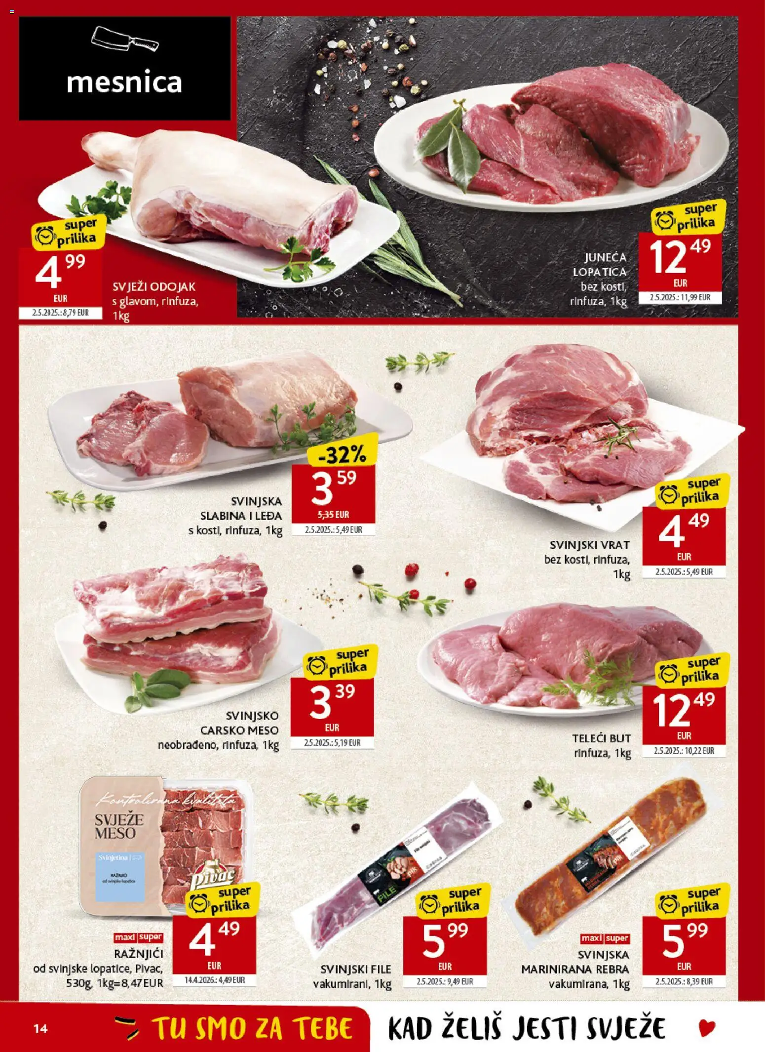 Konzum katalog | vrijedi od 22.04.2026 | Stranica: 14 | Proizvodi: Odojak, Svinjski vrat, Meso, Svinjetina