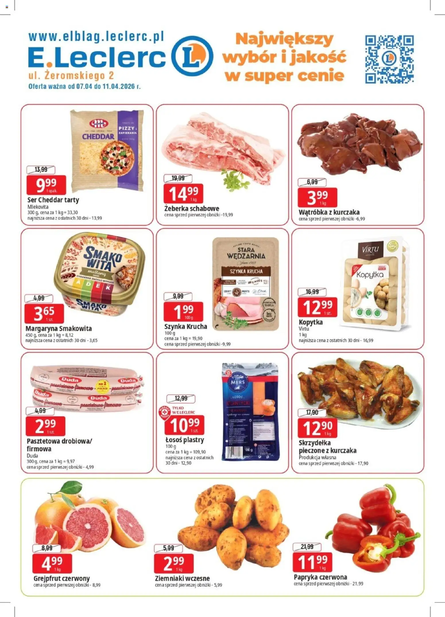 E.Leclerc gazetka - Elbląg od 07.04.2026 | Strona: 1 | Produkty: Szynka, Papryka czerwona, Cheddar, Ser cheddar