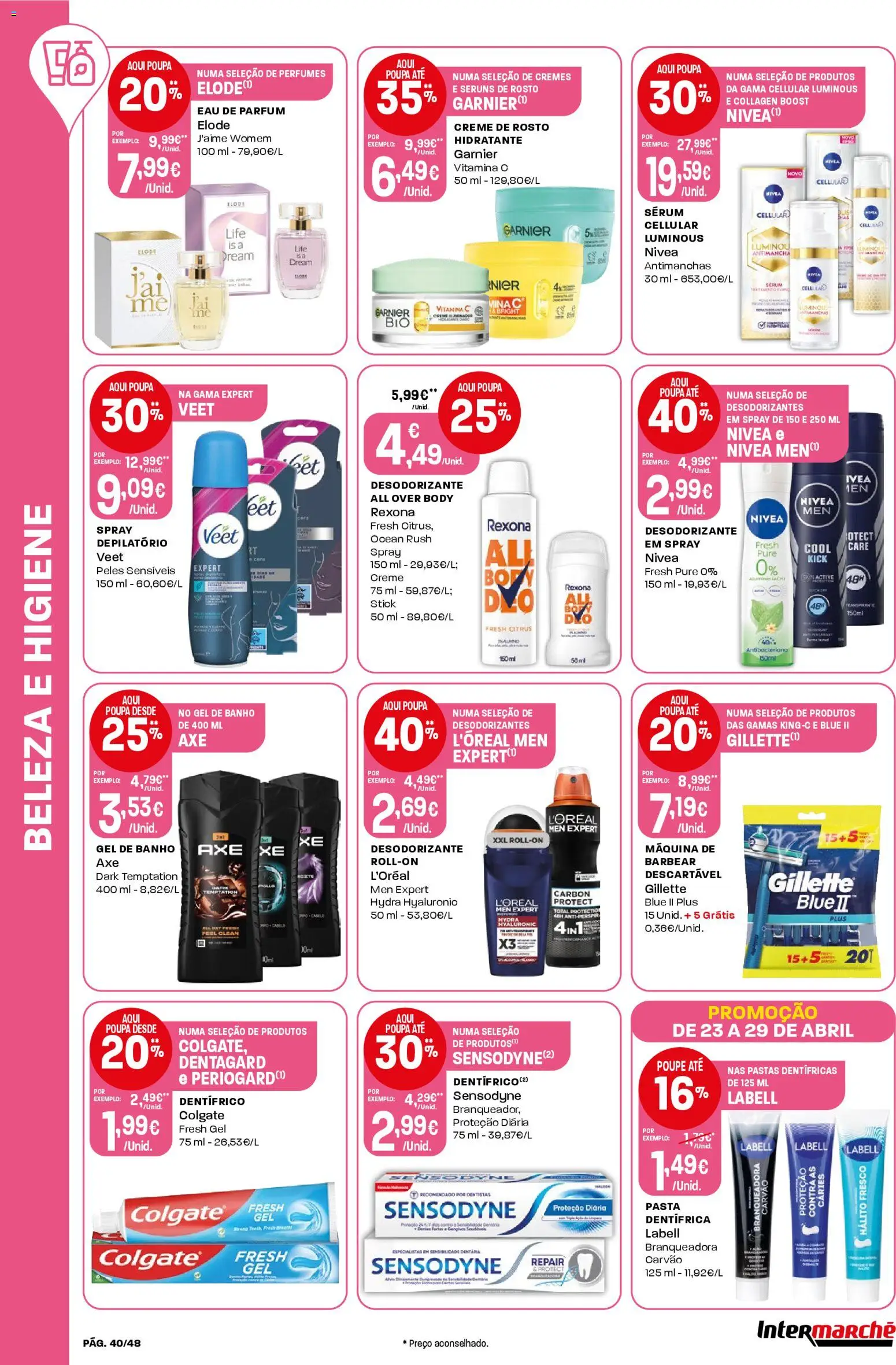 Intermarché folheto │ válido de 23.04.2026 | Página: 40 | Produtos: Perfumes, Desodorizante, Sérum, Vitamina c